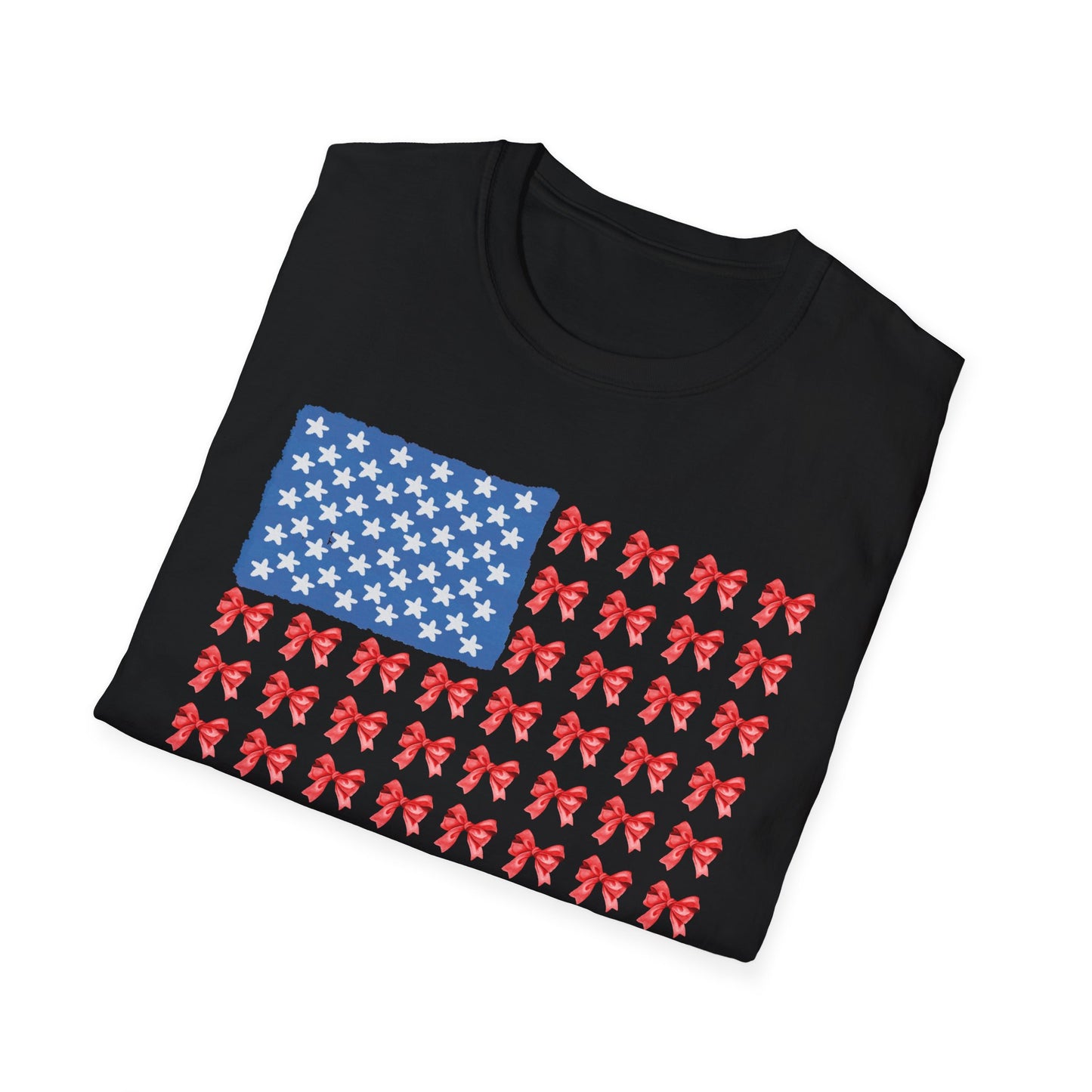 Patriotic Bow T-Shirt, Unisex Softstyle Tee, USA Flag Top, Cute Summer Tee, Gift for Her