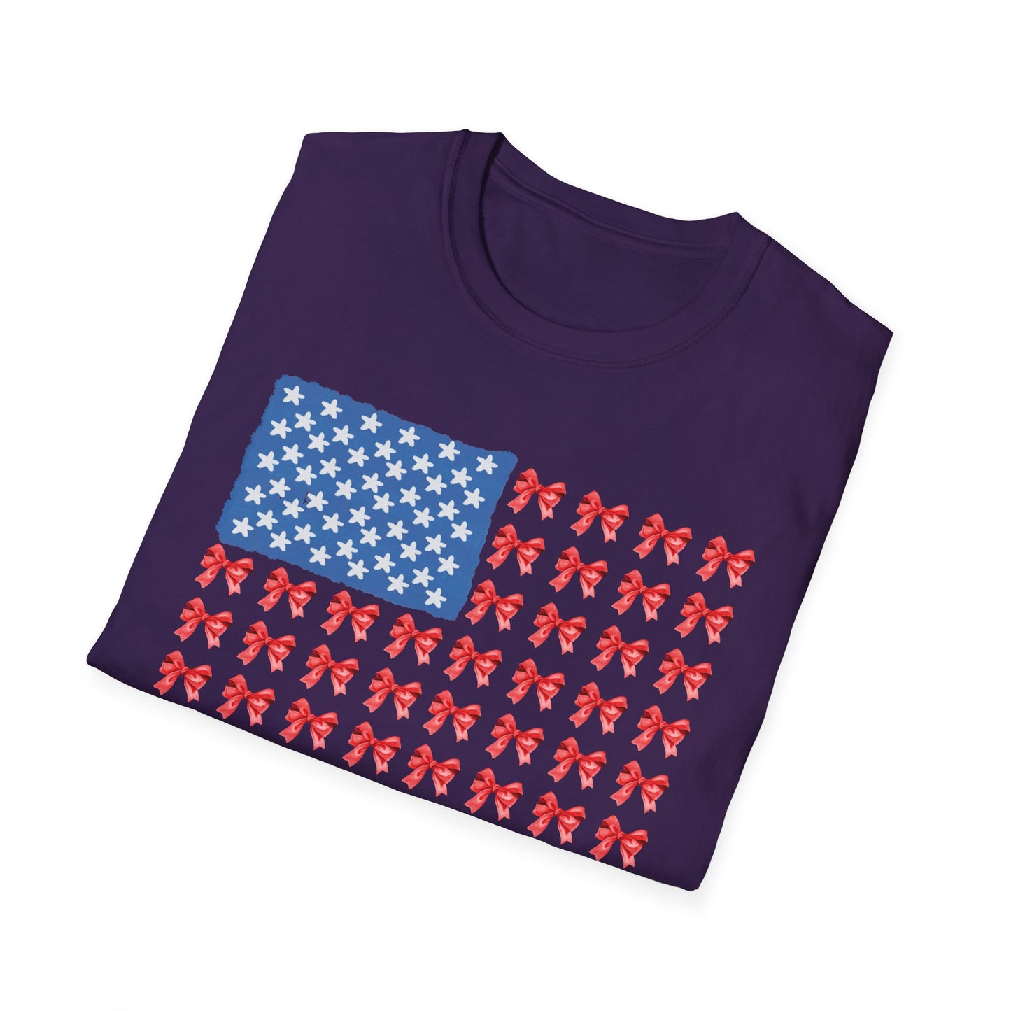 Patriotic Bow T-Shirt, Unisex Softstyle Tee, USA Flag Top, Cute Summer Tee, Gift for Her