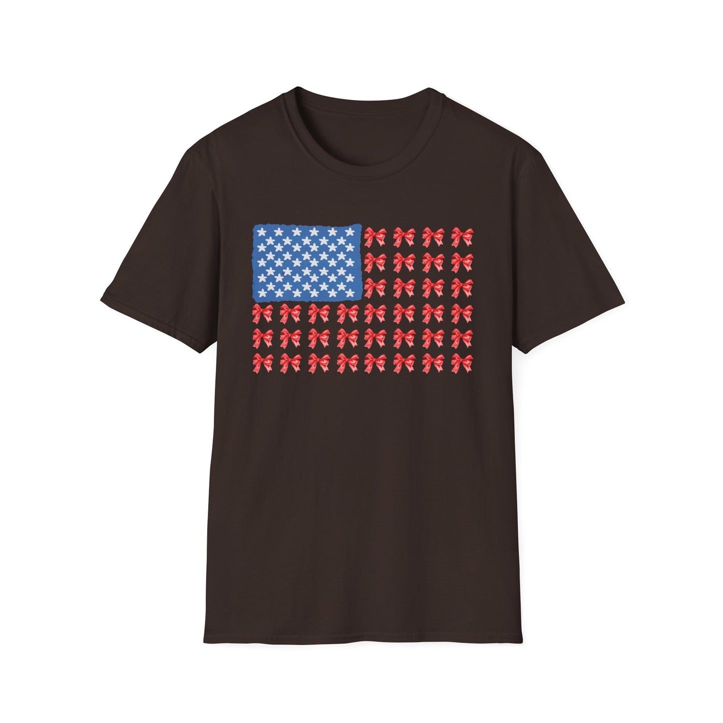 Patriotic Bow T-Shirt, Unisex Softstyle Tee, USA Flag Top, Cute Summer Tee, Gift for Her