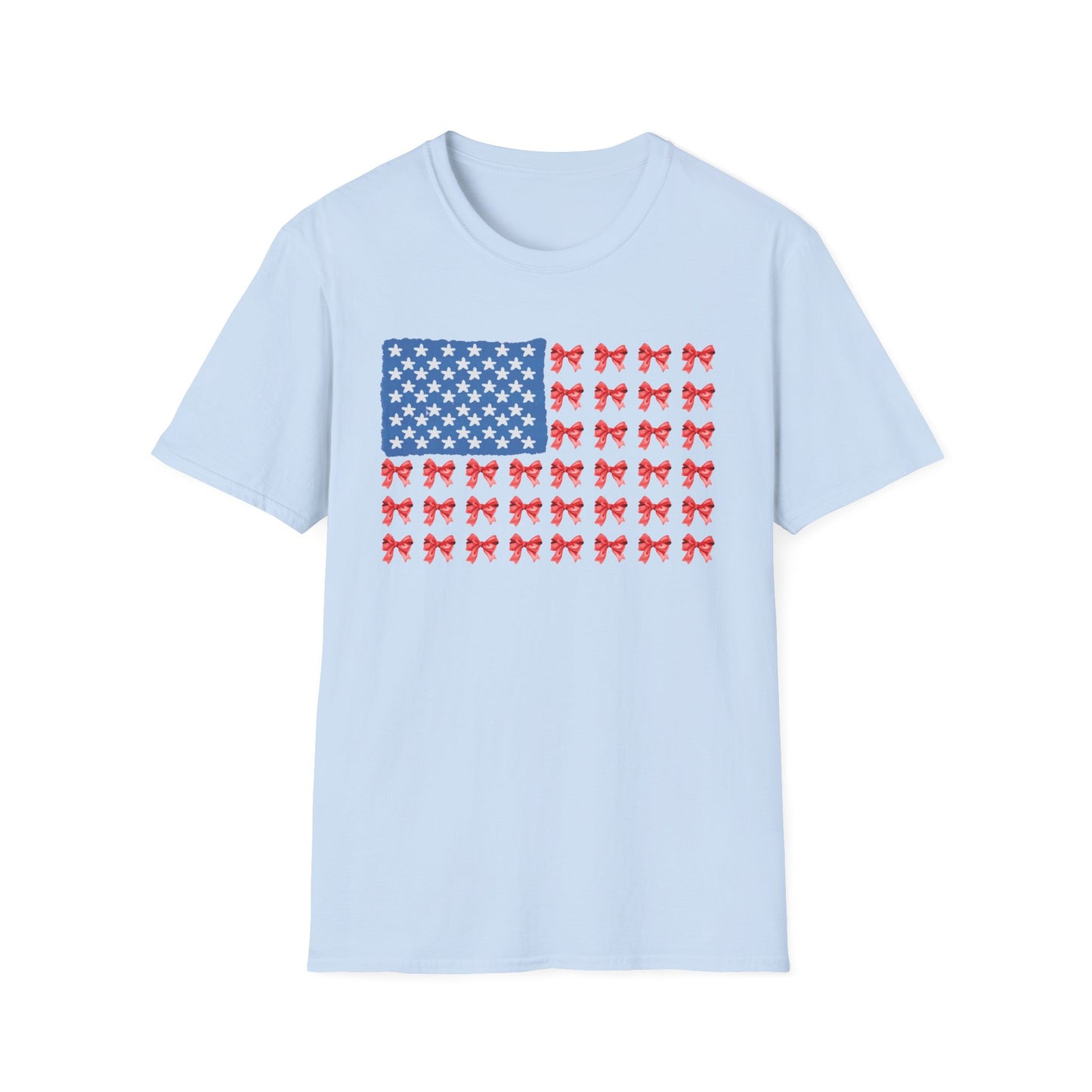 Patriotic Bow T-Shirt, Unisex Softstyle Tee, USA Flag Top, Cute Summer Tee, Gift for Her