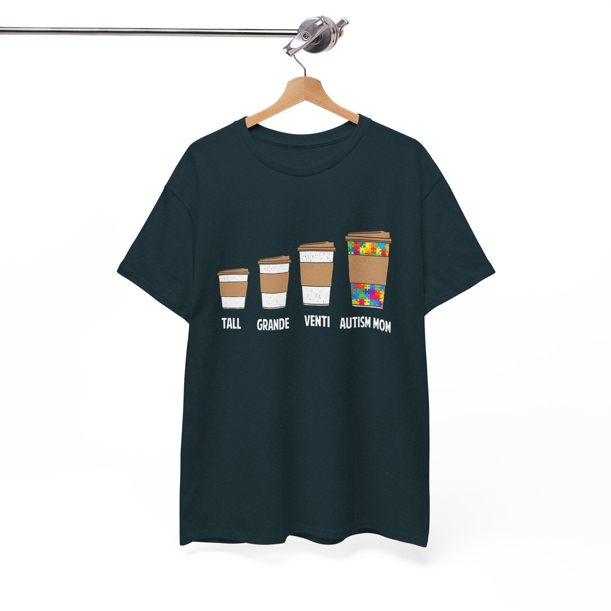 Autism Mom Coffee Sizes T-Shirt — Tall, Grande, Venti, Autism Mom Graphic Tee