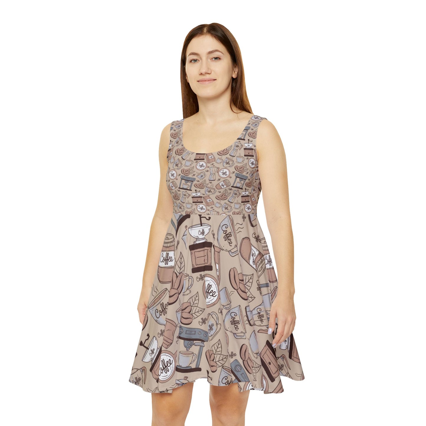 Coffee Lovers Skater Dress - Cute & Casual Floral Print Dress for Coffee Enthusiasts