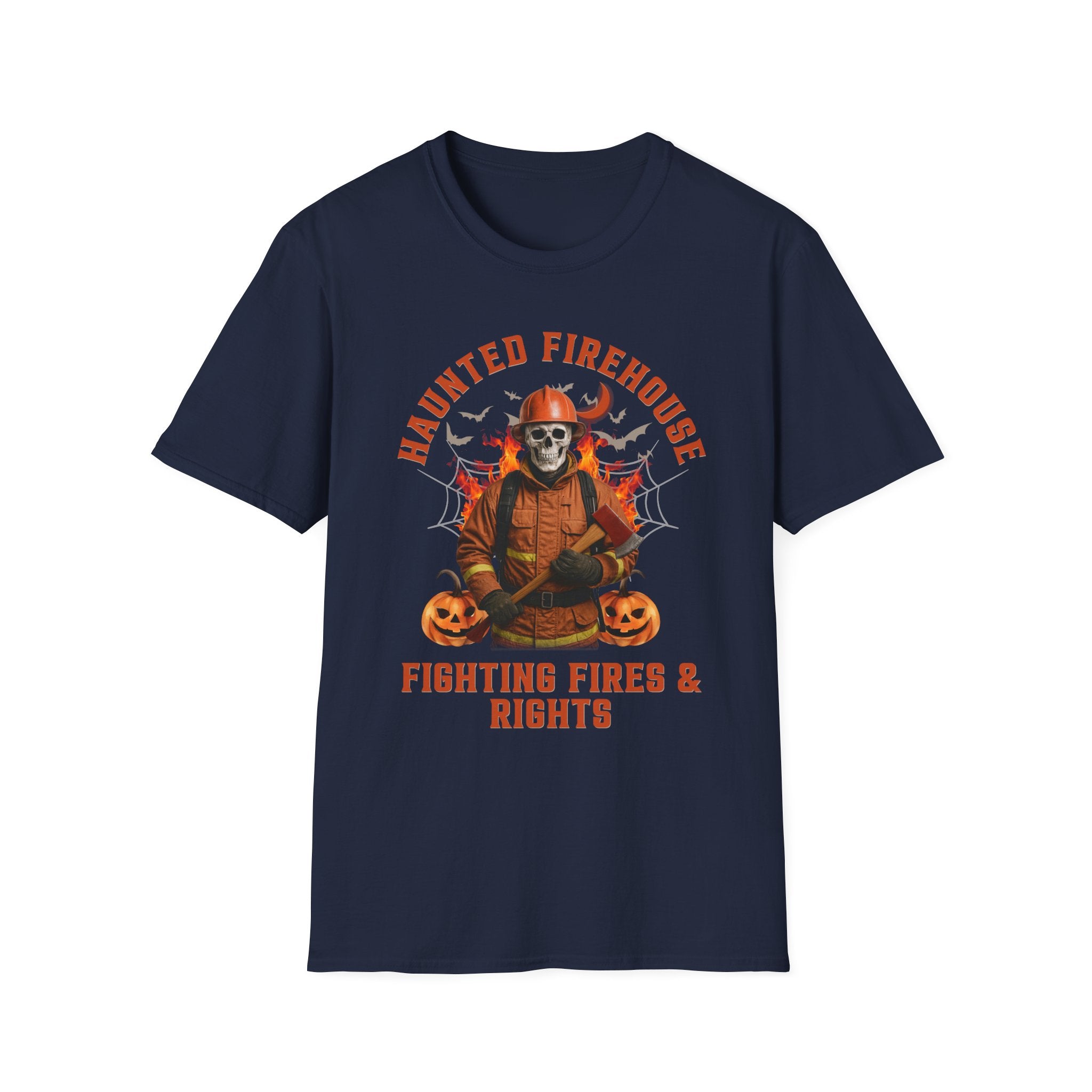 Firefighter T-Shirt, Unisex Softstyle Apparel, Haunted Firehouse Graphic Tee, Perfect for Halloween, Firefighting