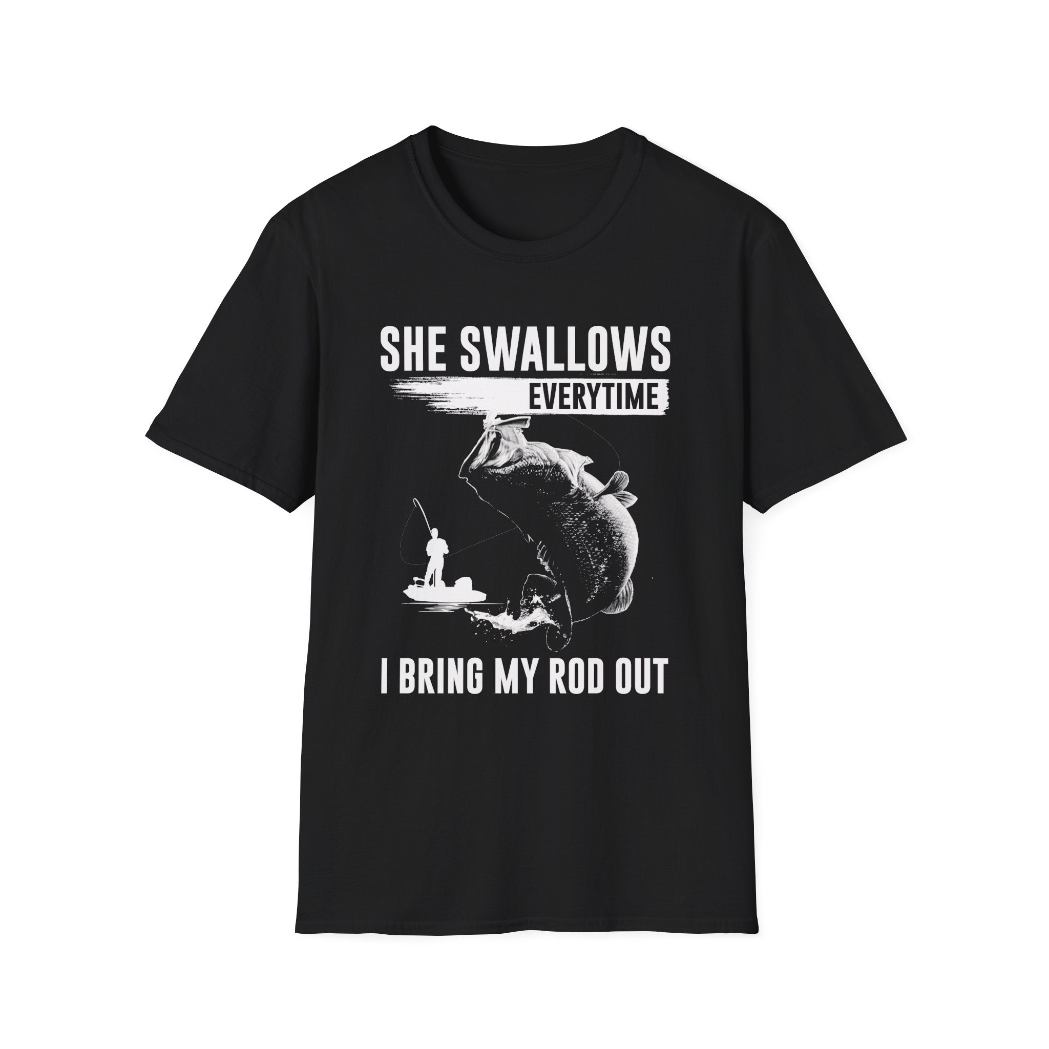 Funny Fishing T-Shirt - "She Swallows Every Time" Unisex Softstyle Tee