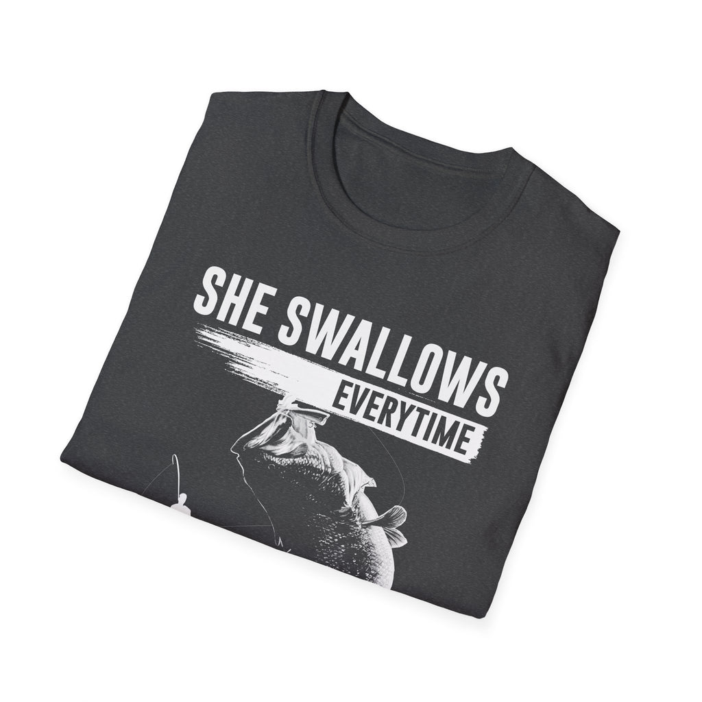 Funny Fishing T-Shirt - "She Swallows Every Time" Unisex Softstyle Tee