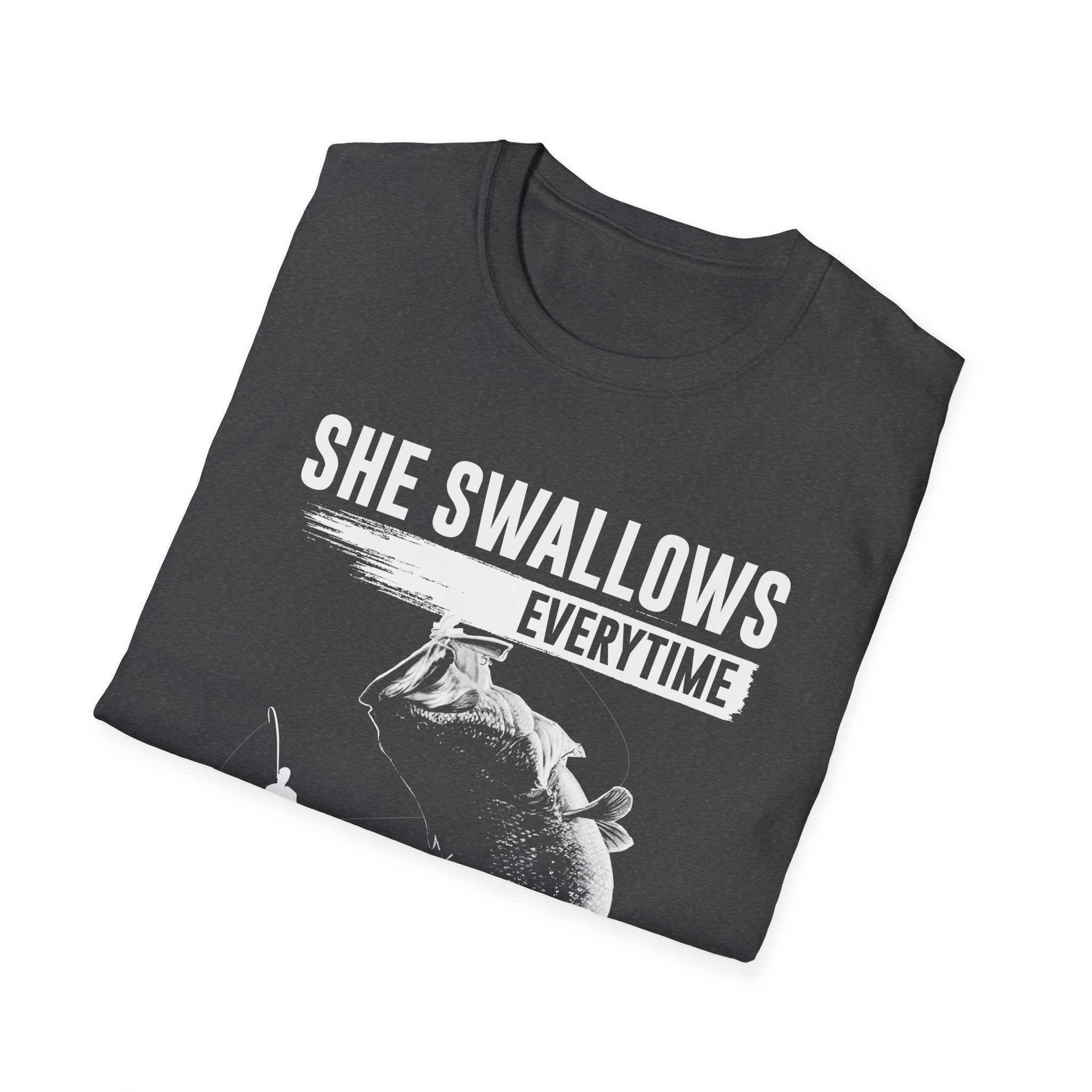 Funny Fishing T-Shirt - "She Swallows Every Time" Unisex Softstyle Tee