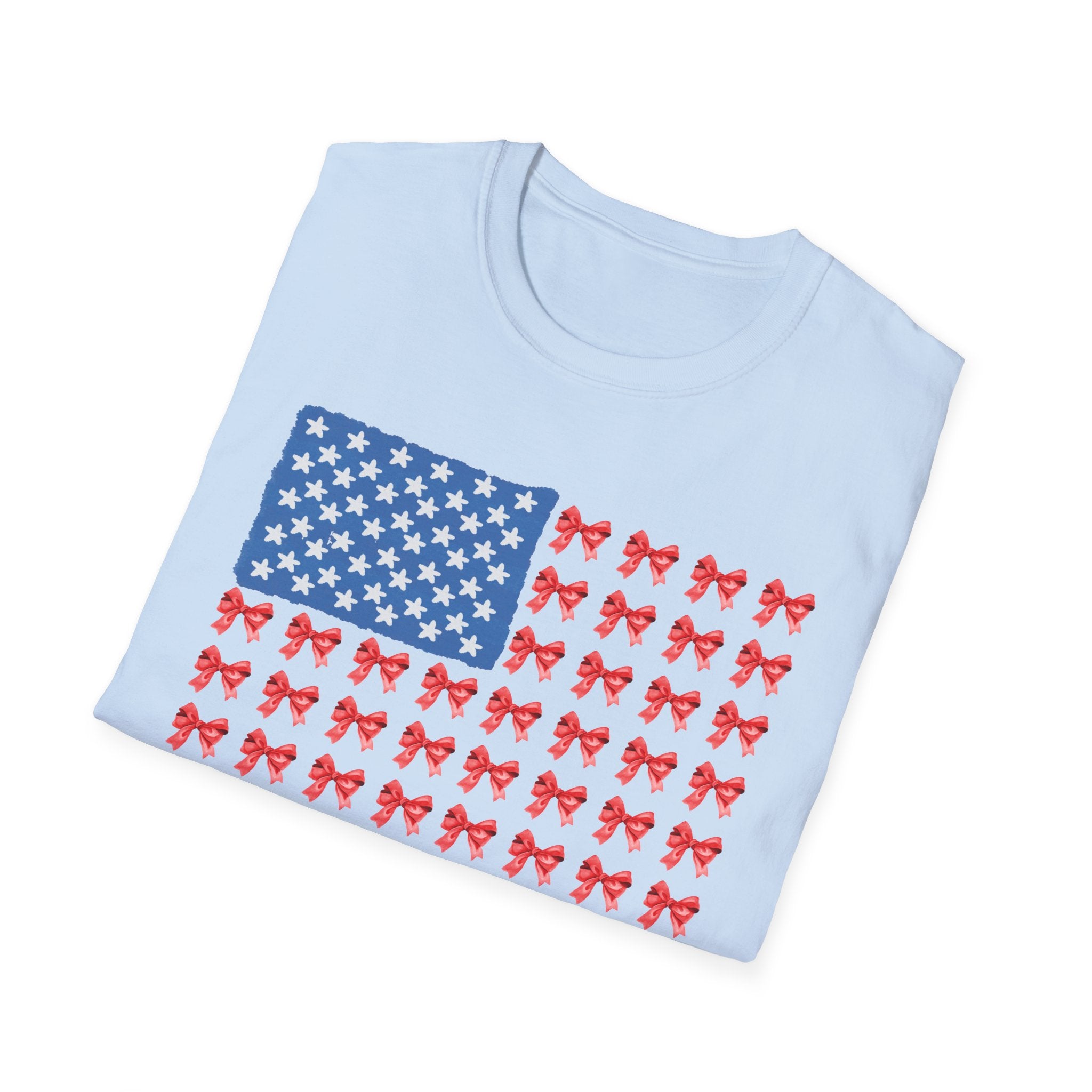 Patriotic Bow T-Shirt, Unisex Softstyle Tee, USA Flag Top, Cute Summer Tee, Gift for Her