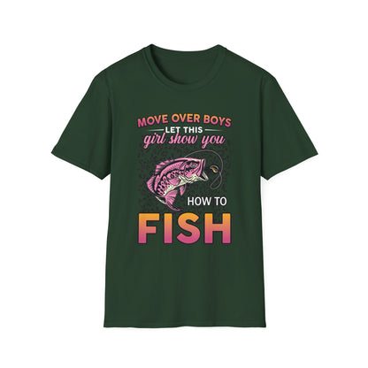 Fishing T-Shirt for Girls - 'Move Over Boys, Let This Girl Show You How to Fish'