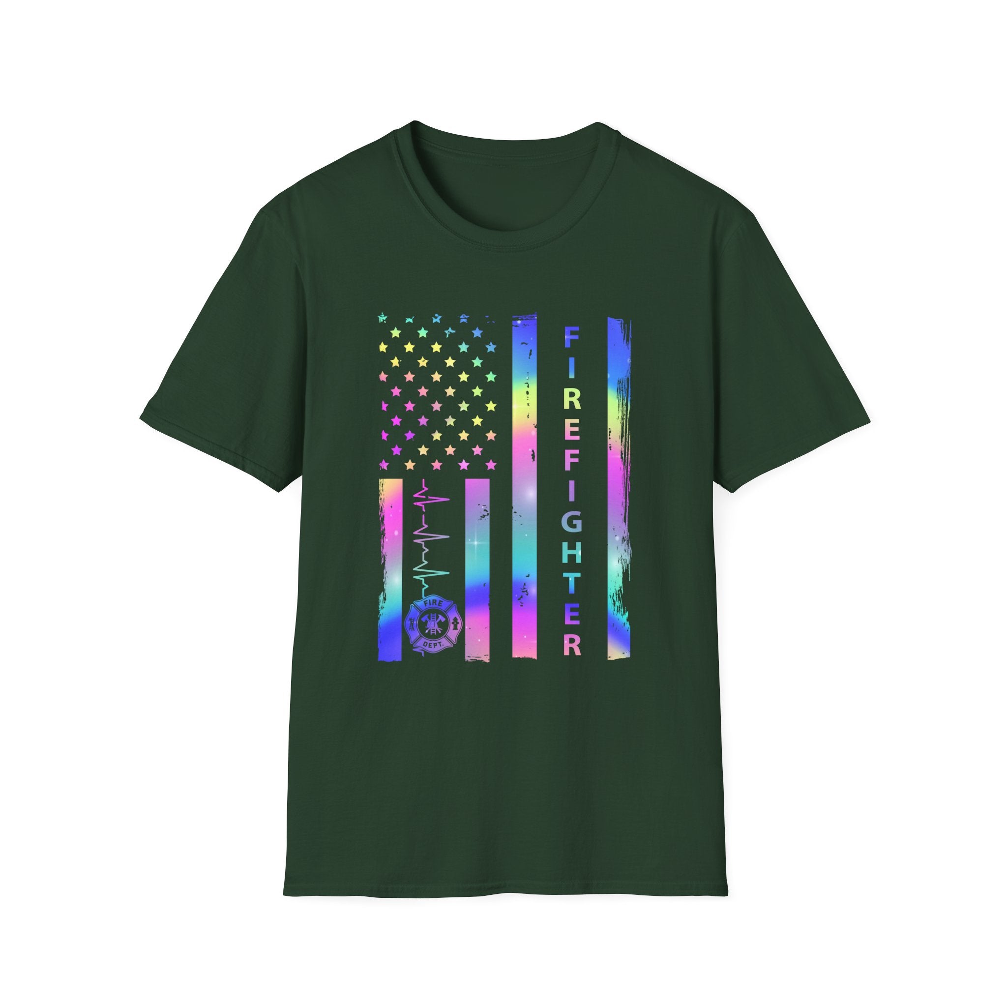 Pride Firefighter Unisex Softstyle T-Shirt - Colorful American Flag Design