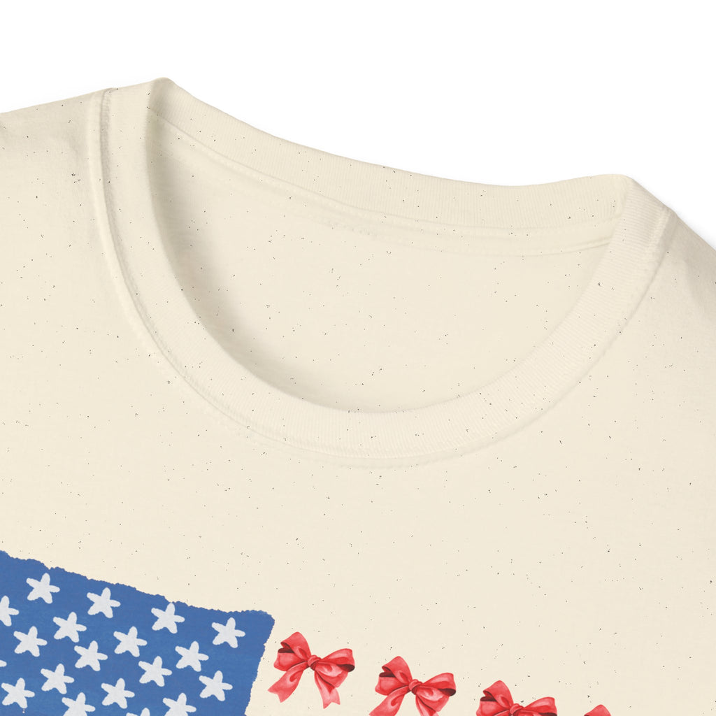 Patriotic Bow T-Shirt, Unisex Softstyle Tee, USA Flag Top, Cute Summer Tee, Gift for Her