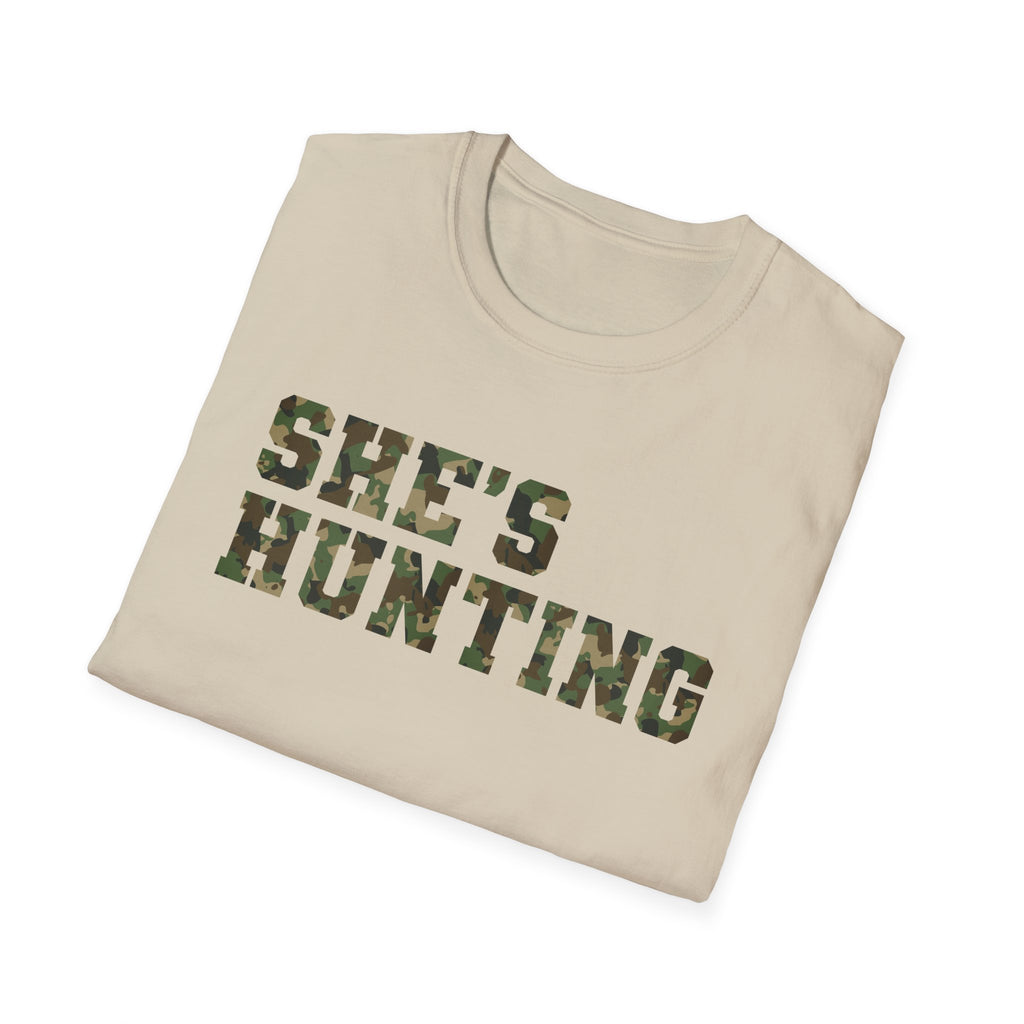 Camo Print Unisex T-Shirt - "She's Hunting" - Casual Style for Outdoor Lovers