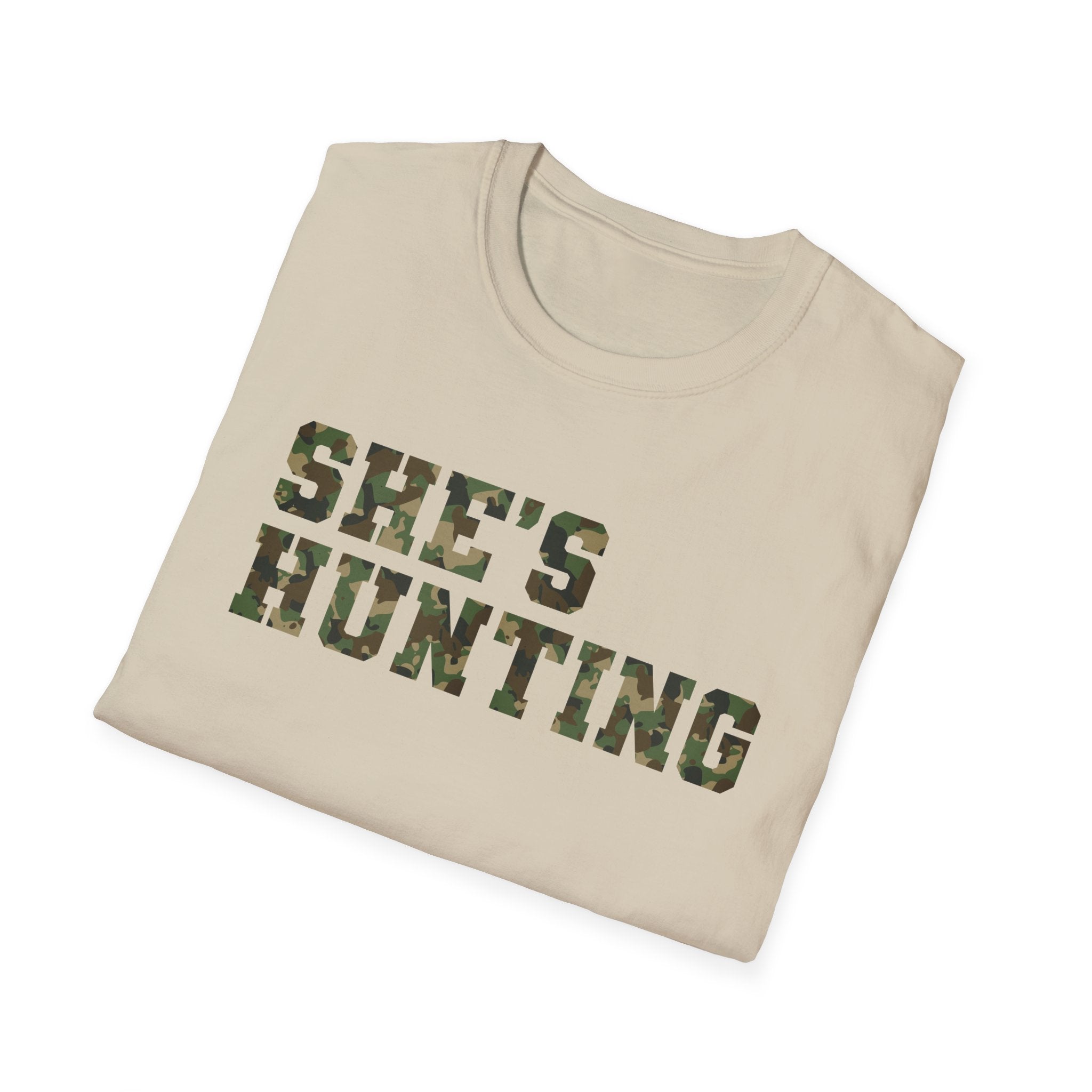 Camo Print Unisex T-Shirt - "She's Hunting" - Casual Style for Outdoor Lovers