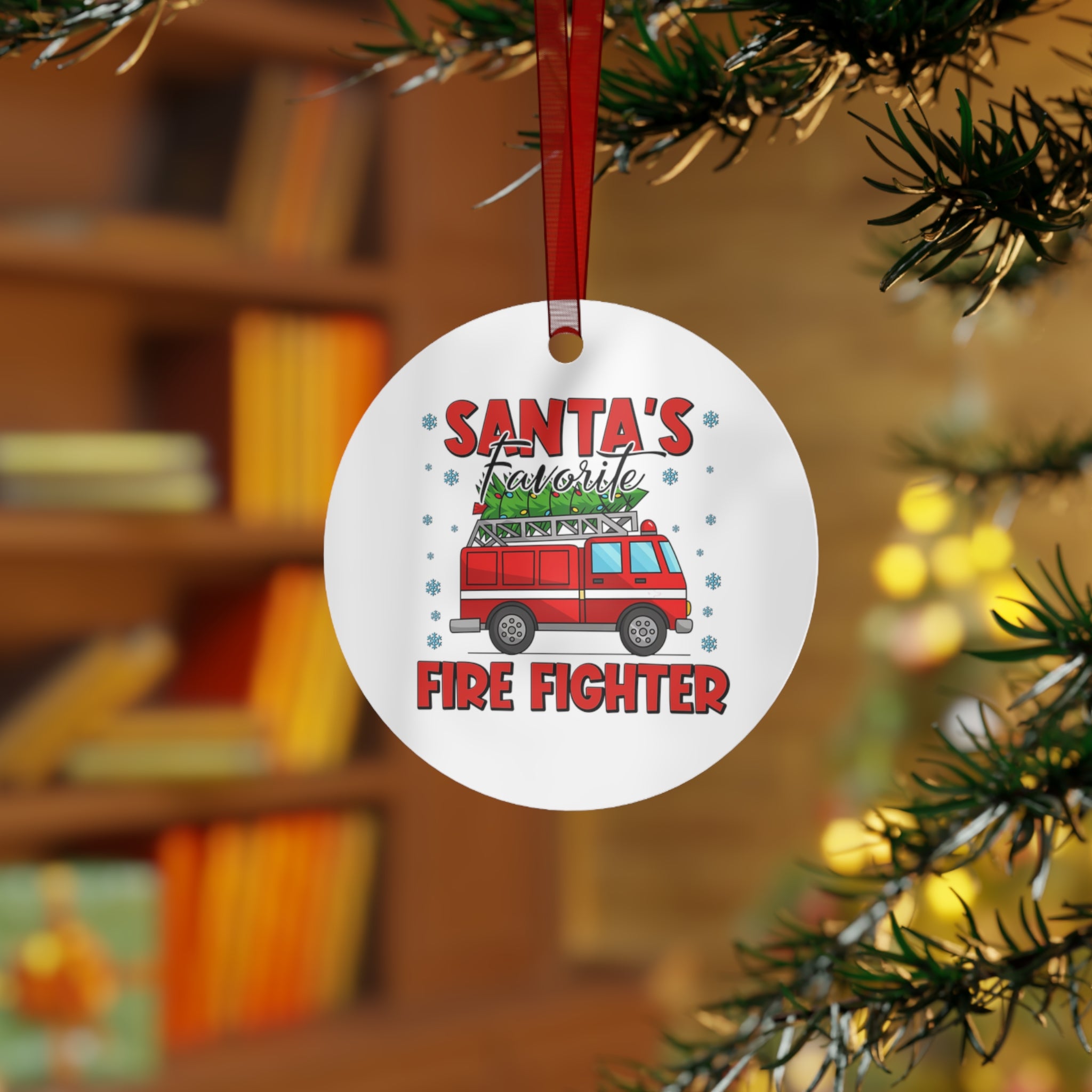 Santa’s Favorite Firefighter Metal Ornament — Personalized Fire Truck Decoration