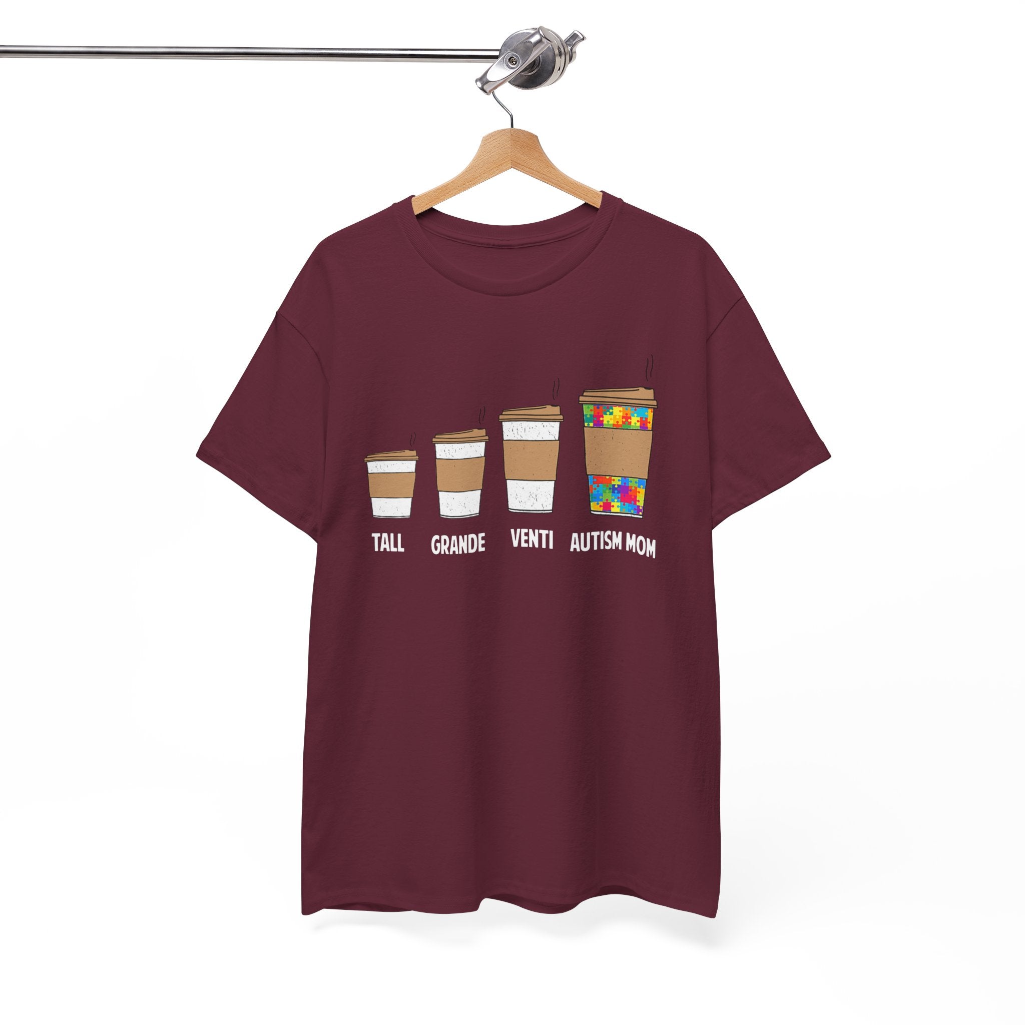Autism Mom Coffee Sizes T-Shirt — Tall, Grande, Venti, Autism Mom Graphic Tee