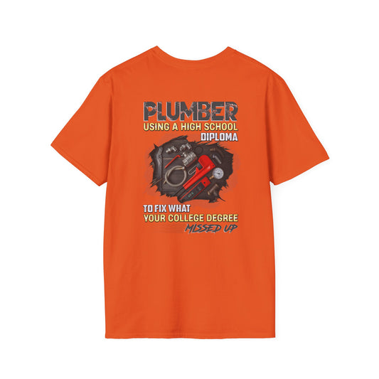 Plumber Graphic Tee, Funny T-Shirt for Plumbers, Gift for Tradesmen, High School Diploma Humor, Unisex Softstyle Shirt