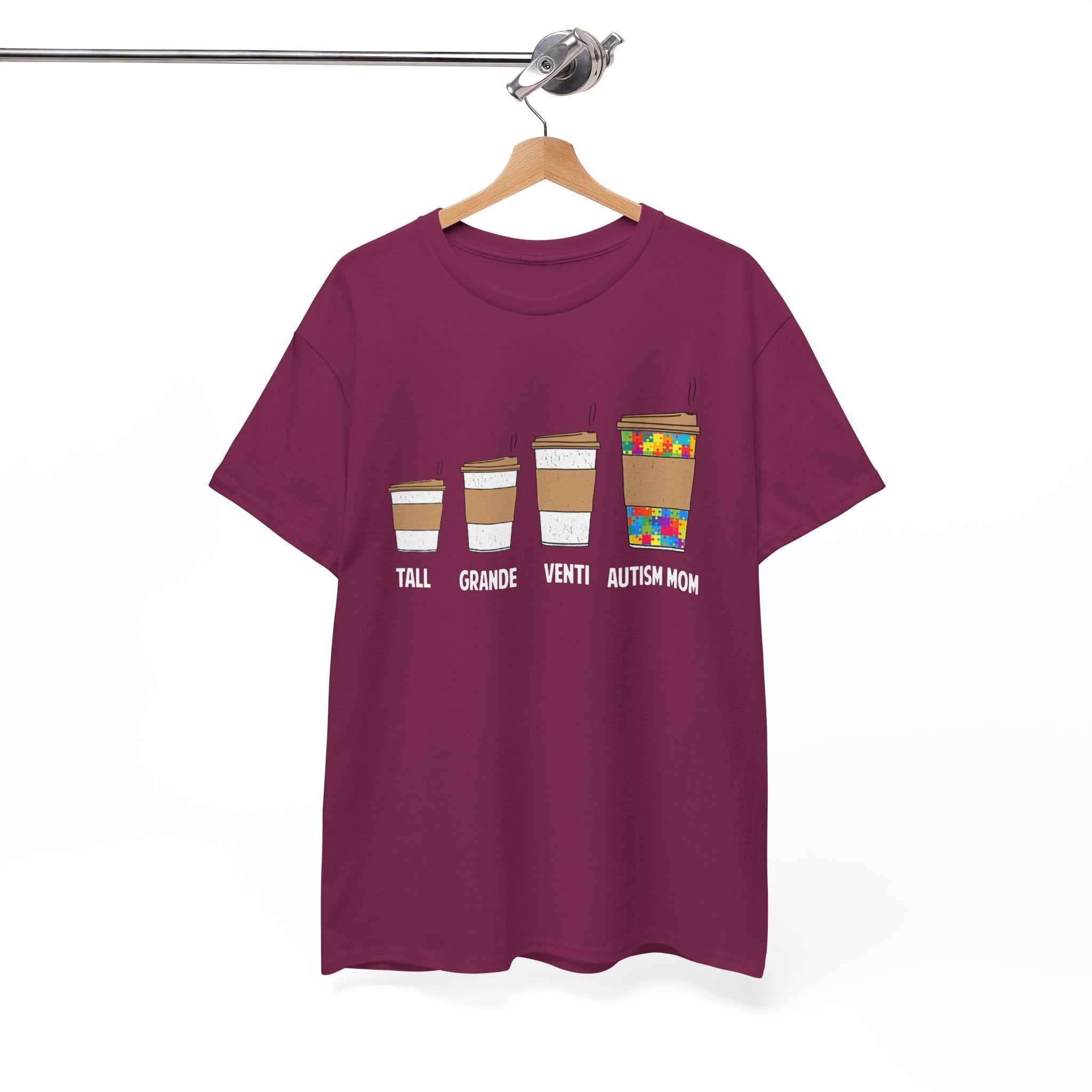 Autism Mom Coffee Sizes T-Shirt — Tall, Grande, Venti, Autism Mom Graphic Tee
