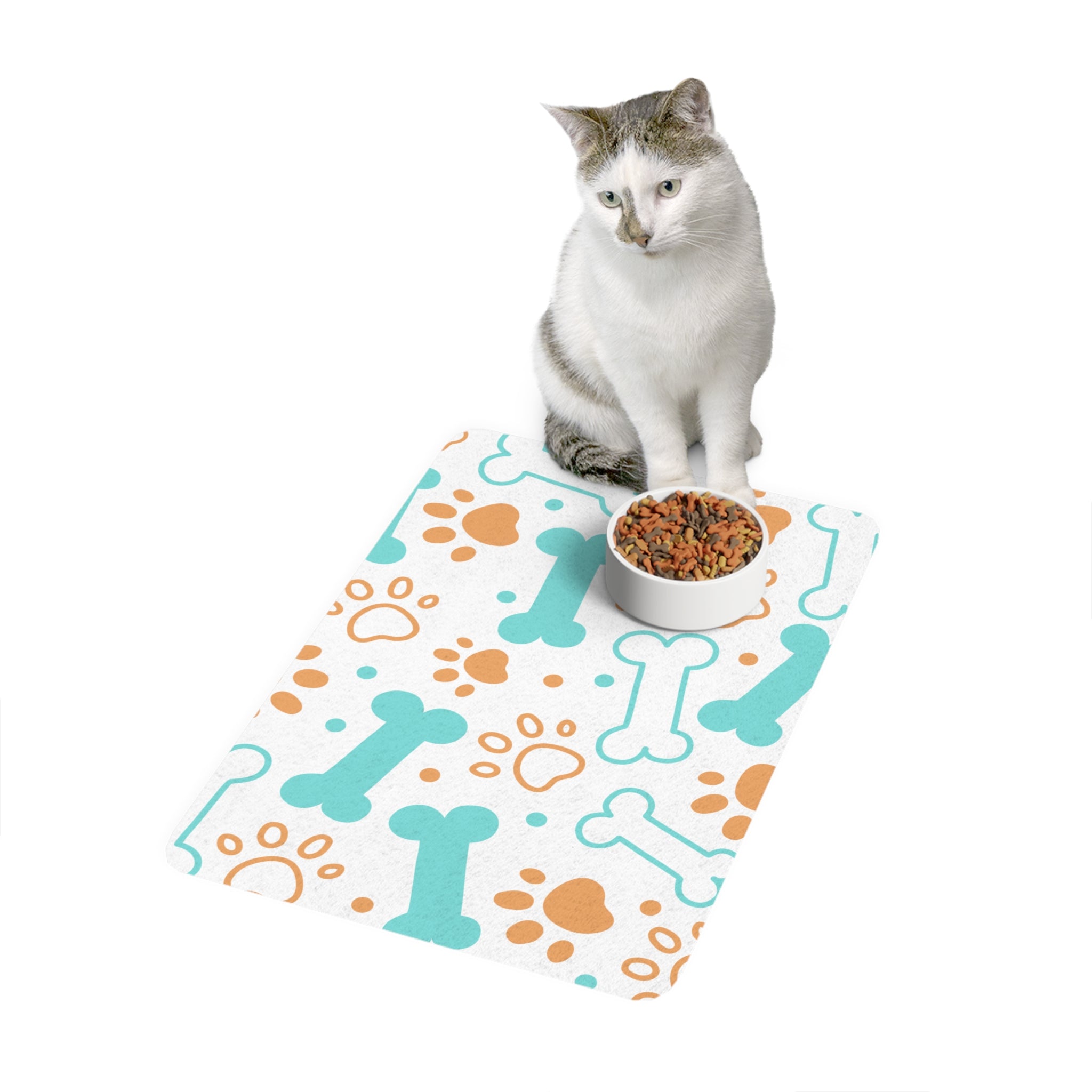Whimsical Pet Food Mat, Cute Dog Feeding Station, Non-Slip Dog Mat, Perfect for Pet Lovers, Puppy Decor, Bone and Paw Print Design