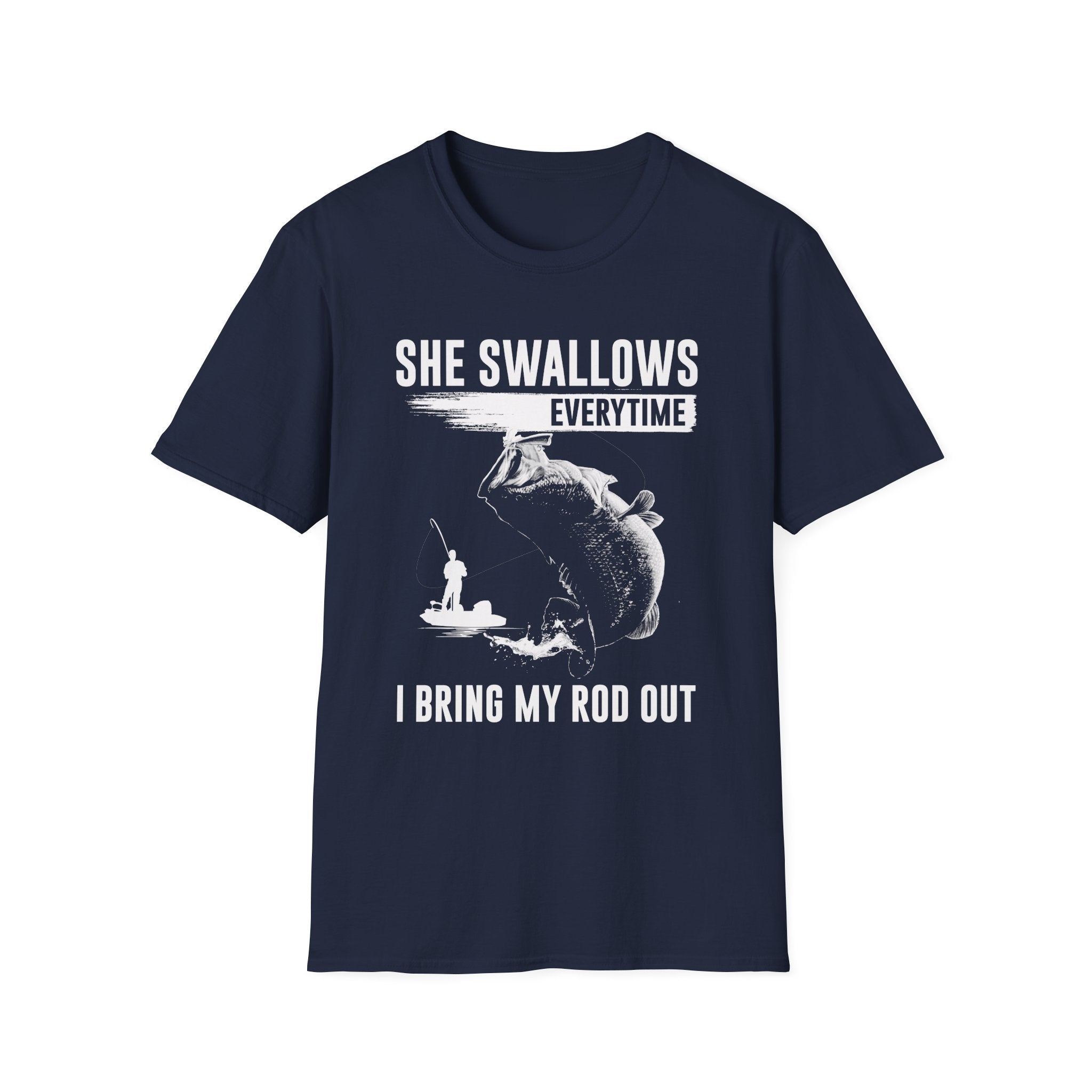 Funny Fishing T-Shirt - "She Swallows Every Time" Unisex Softstyle Tee
