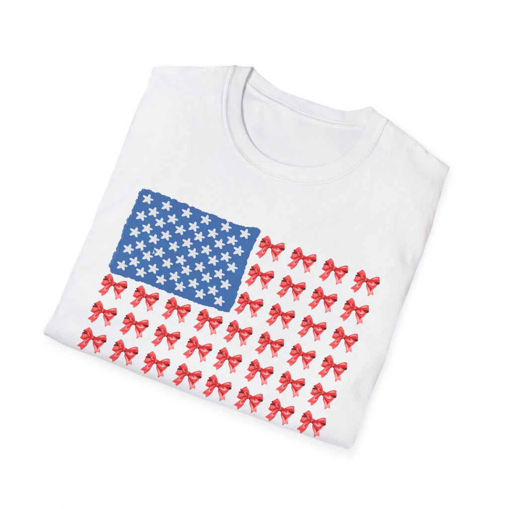 Patriotic Bow T-Shirt, Unisex Softstyle Tee, USA Flag Top, Cute Summer Tee, Gift for Her