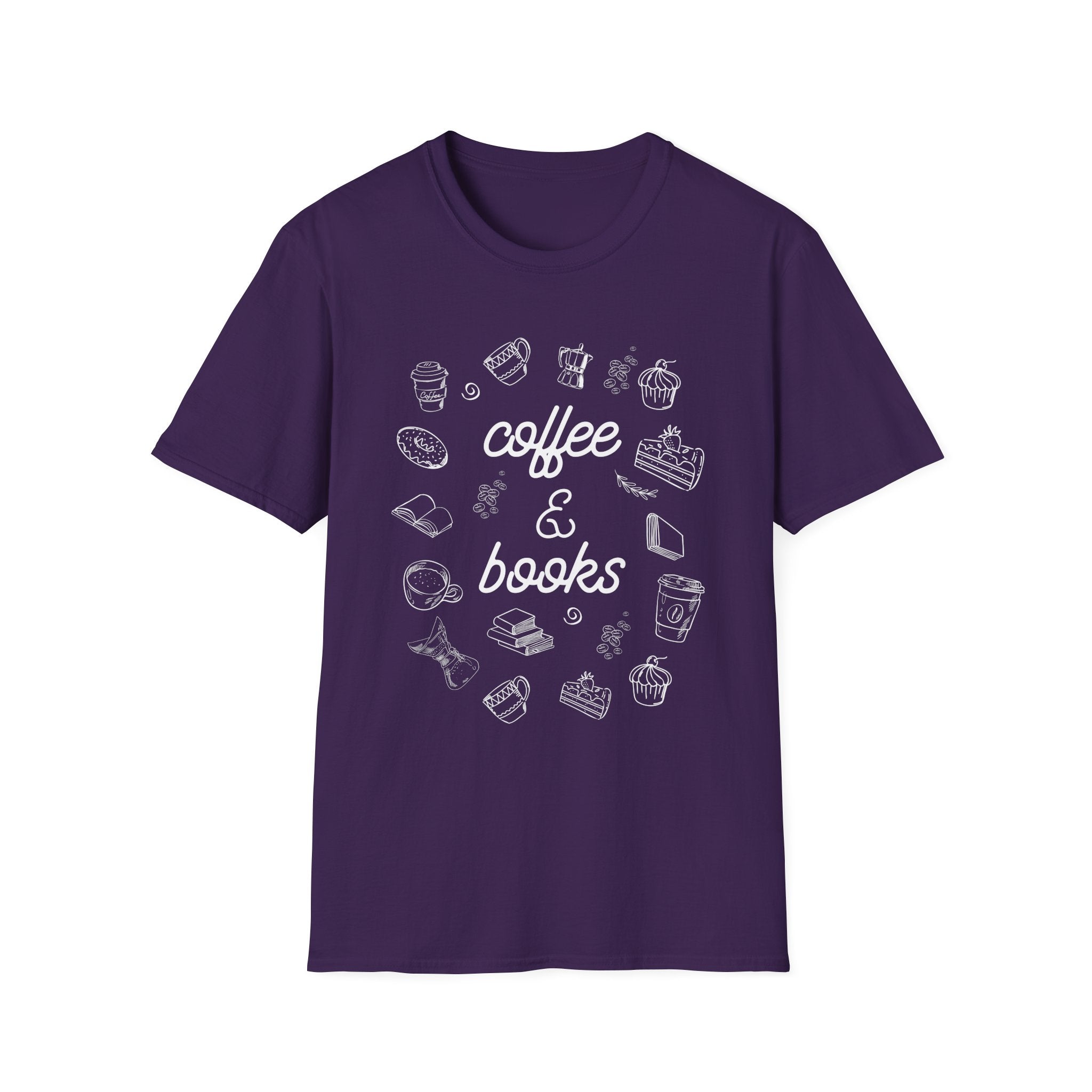 Coffee & Books Unisex Softstyle T-Shirt, Cute Coffee Lover Tee, Bookworm Gift Shirt, Cozy Reading Shirt, Literary Gift, Fun Graphic Tee