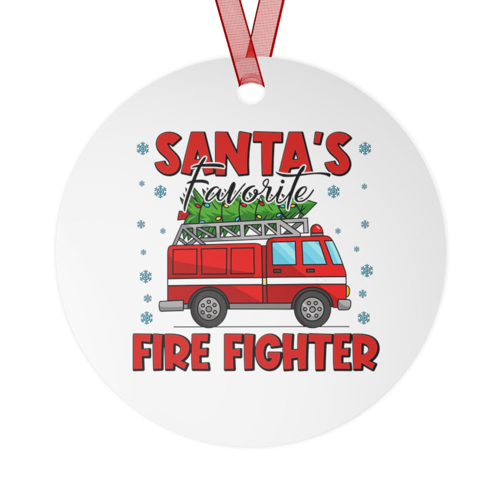 Santa’s Favorite Firefighter Metal Ornament — Personalized Fire Truck Decoration