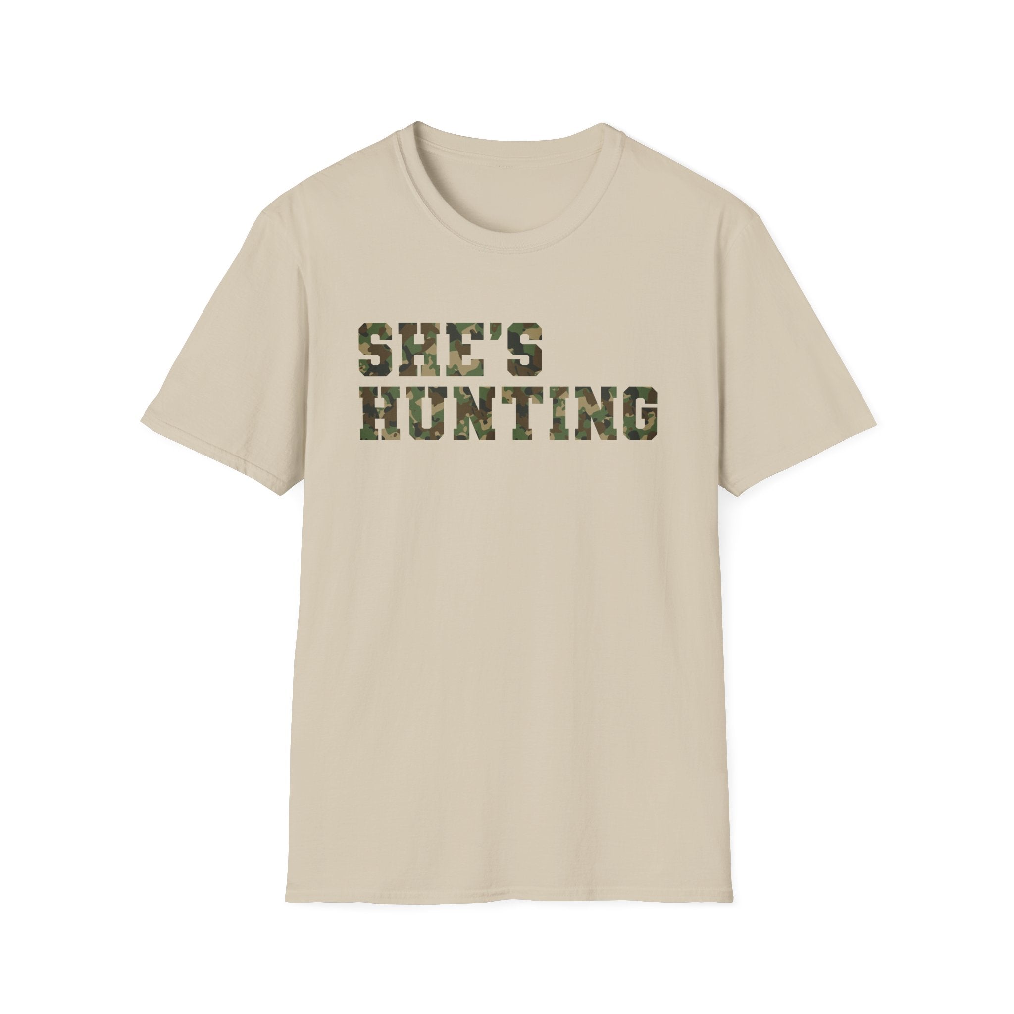 Camo Print Unisex T-Shirt - "She's Hunting" - Casual Style for Outdoor Lovers