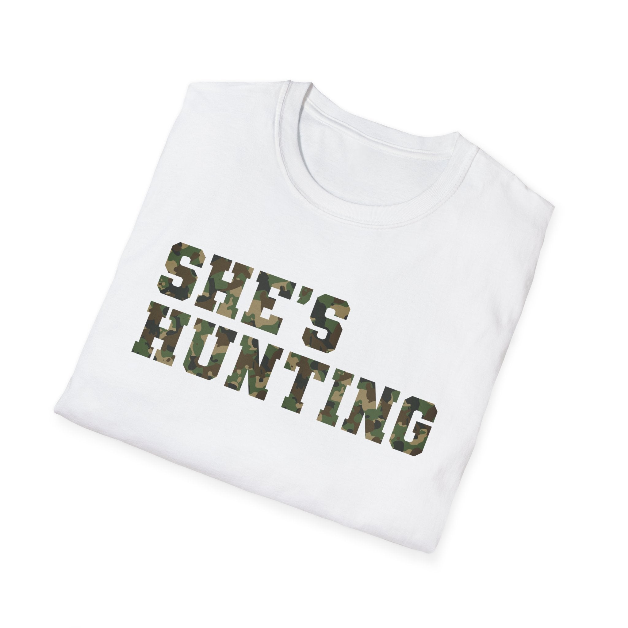 Camo Print Unisex T-Shirt - "She's Hunting" - Casual Style for Outdoor Lovers