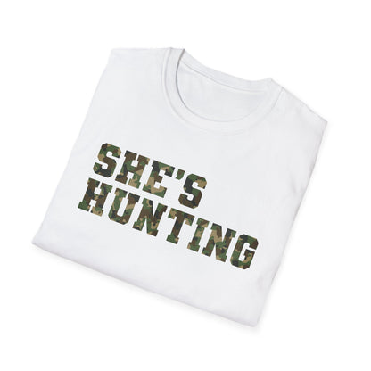 Camo Print Unisex T-Shirt - "She's Hunting" - Casual Style for Outdoor Lovers