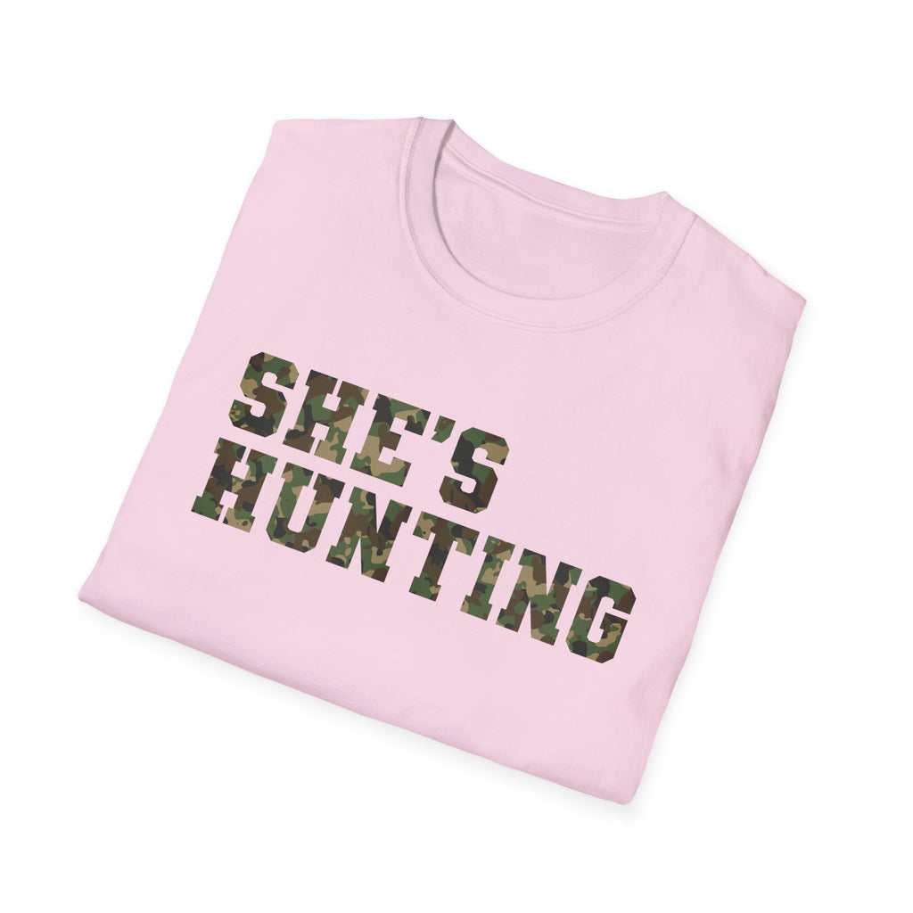 Camo Print Unisex T-Shirt - "She's Hunting" - Casual Style for Outdoor Lovers