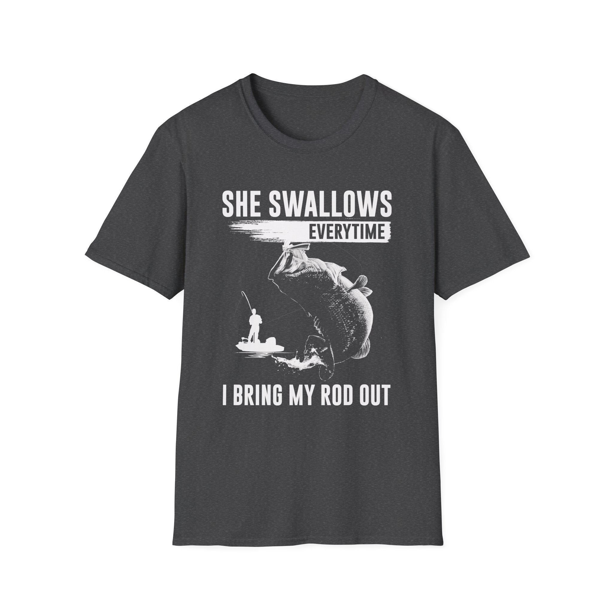 Funny Fishing T-Shirt - "She Swallows Every Time" Unisex Softstyle Tee