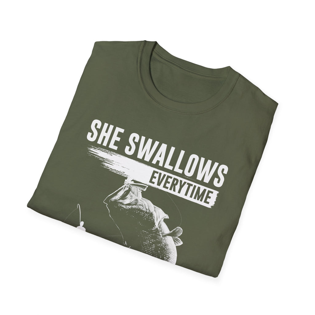 Funny Fishing T-Shirt - "She Swallows Every Time" Unisex Softstyle Tee