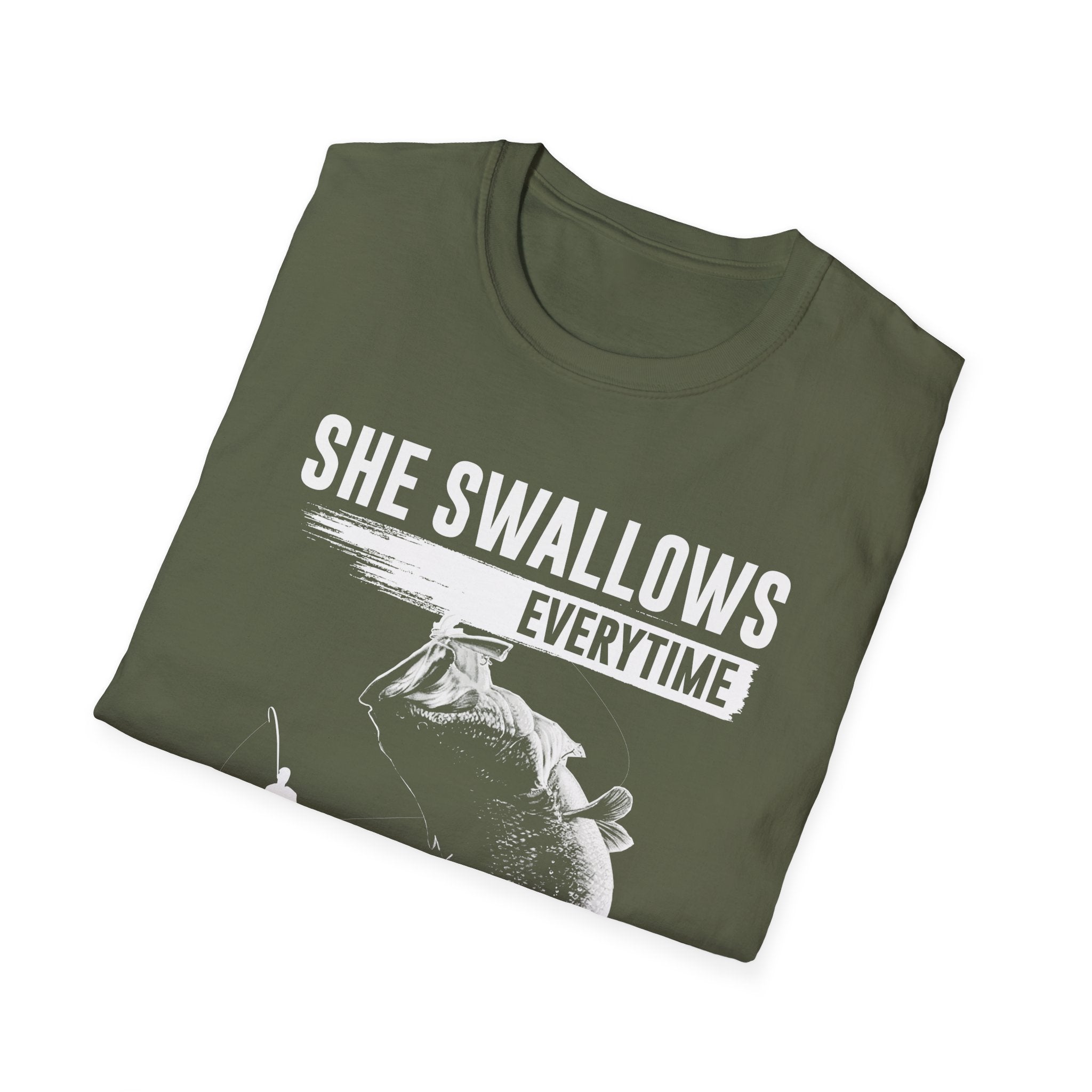 Funny Fishing T-Shirt - "She Swallows Every Time" Unisex Softstyle Tee