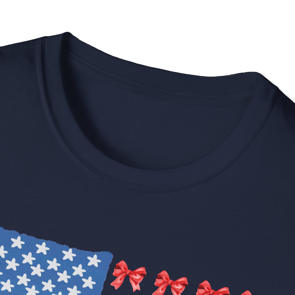 Patriotic Bow T-Shirt, Unisex Softstyle Tee, USA Flag Top, Cute Summer Tee, Gift for Her