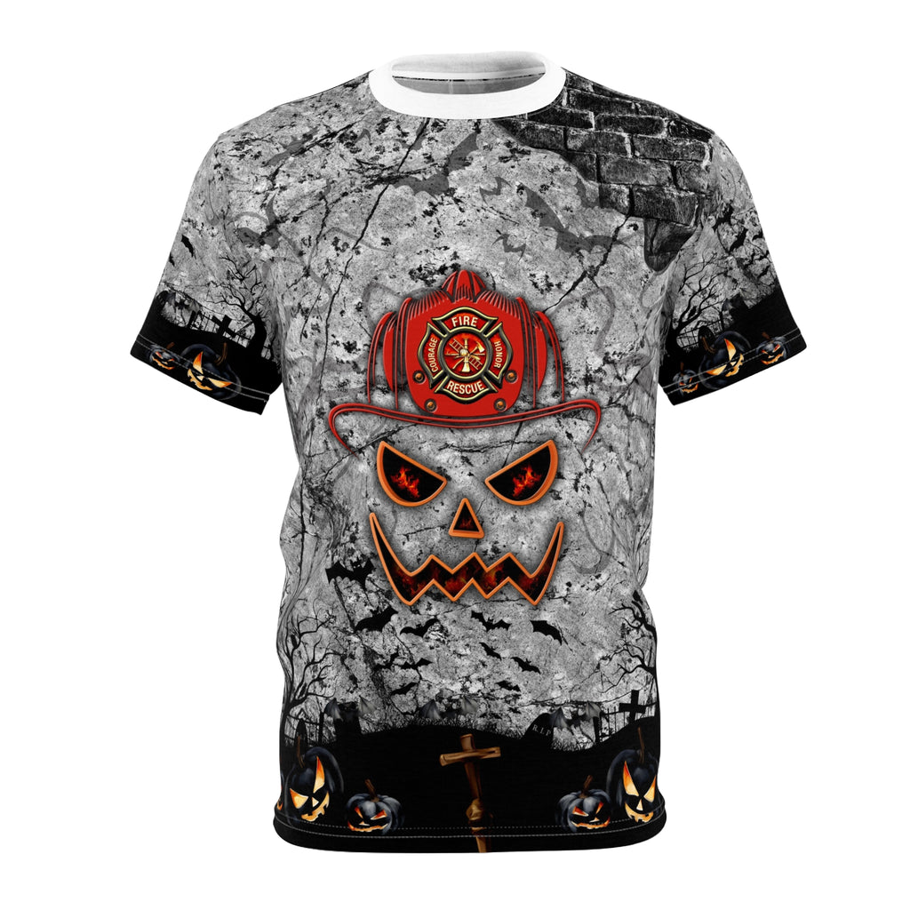 Halloween Firefighter Tee, Spooky Unisex T-Shirt, Graphic Tee for Firefighting Enthusiasts, Halloween Costume Attire, Unique Gift