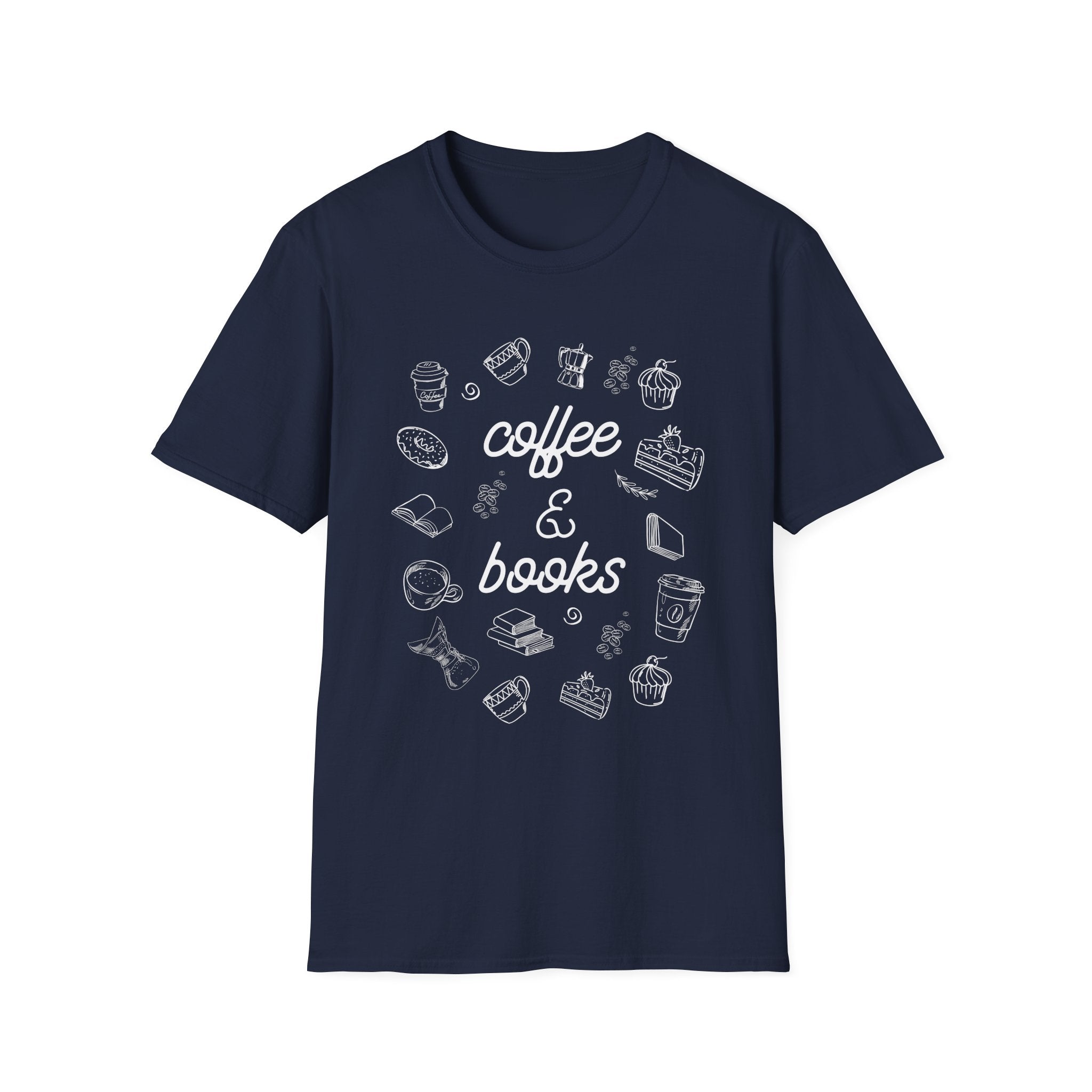 Coffee & Books Unisex Softstyle T-Shirt, Cute Coffee Lover Tee, Bookworm Gift Shirt, Cozy Reading Shirt, Literary Gift, Fun Graphic Tee