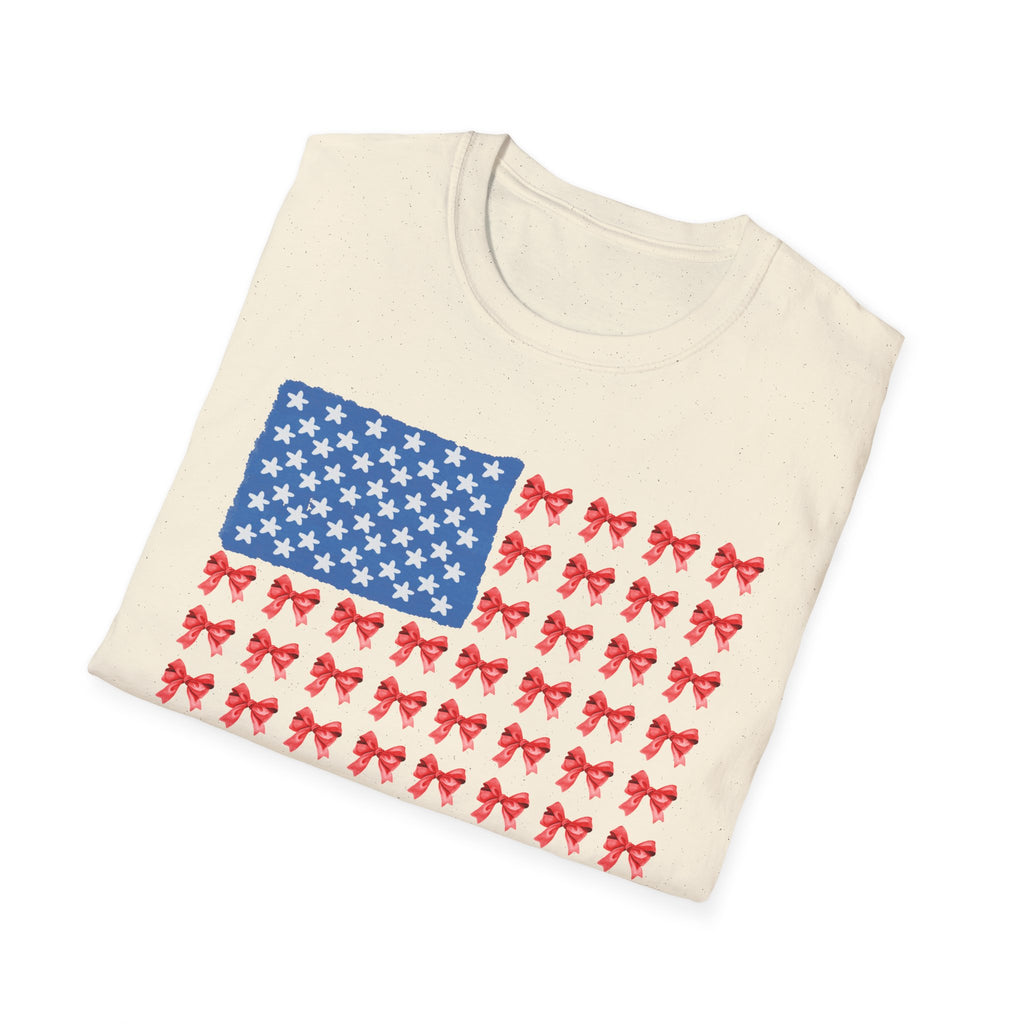 Patriotic Bow T-Shirt, Unisex Softstyle Tee, USA Flag Top, Cute Summer Tee, Gift for Her