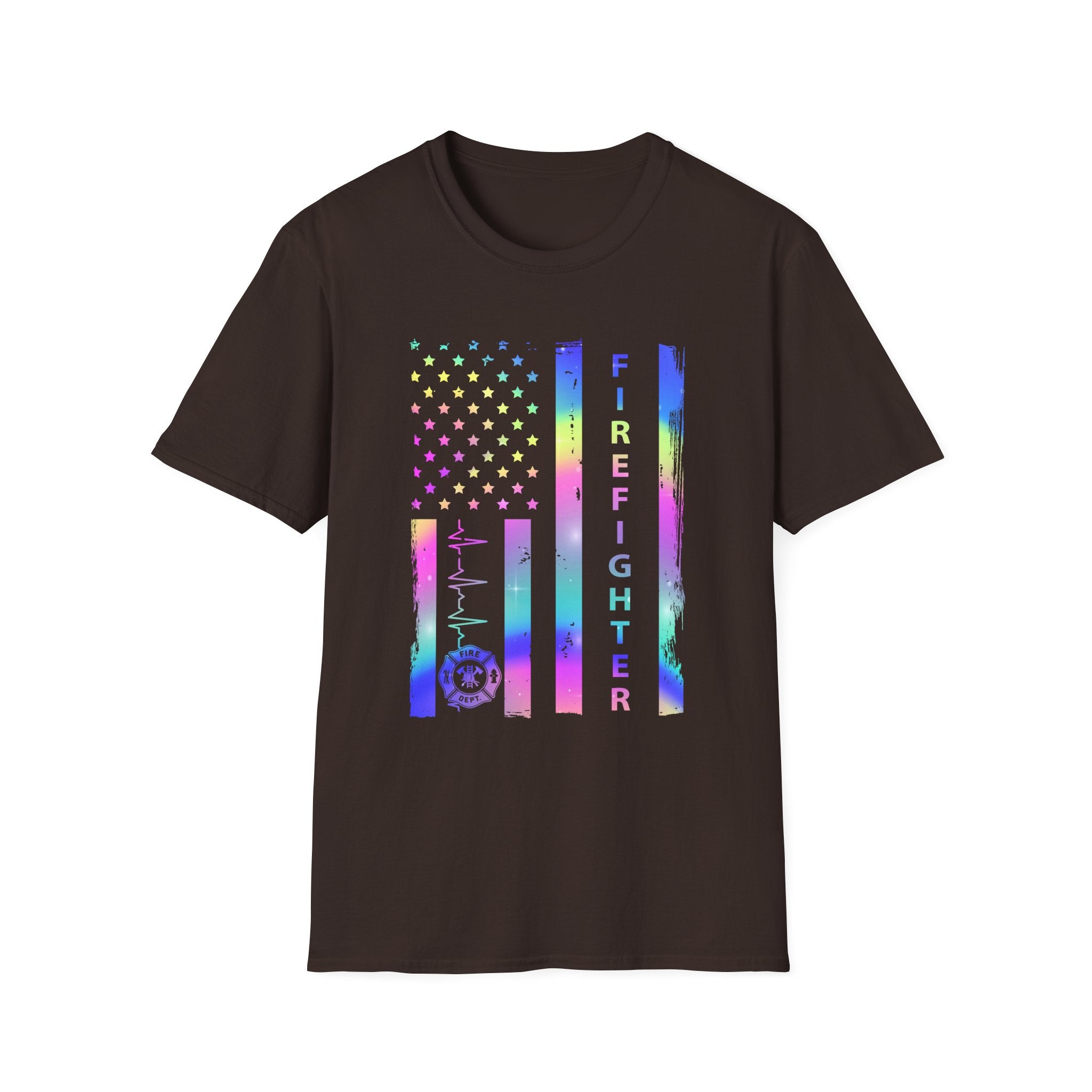 Pride Firefighter Unisex Softstyle T-Shirt - Colorful American Flag Design,,,..