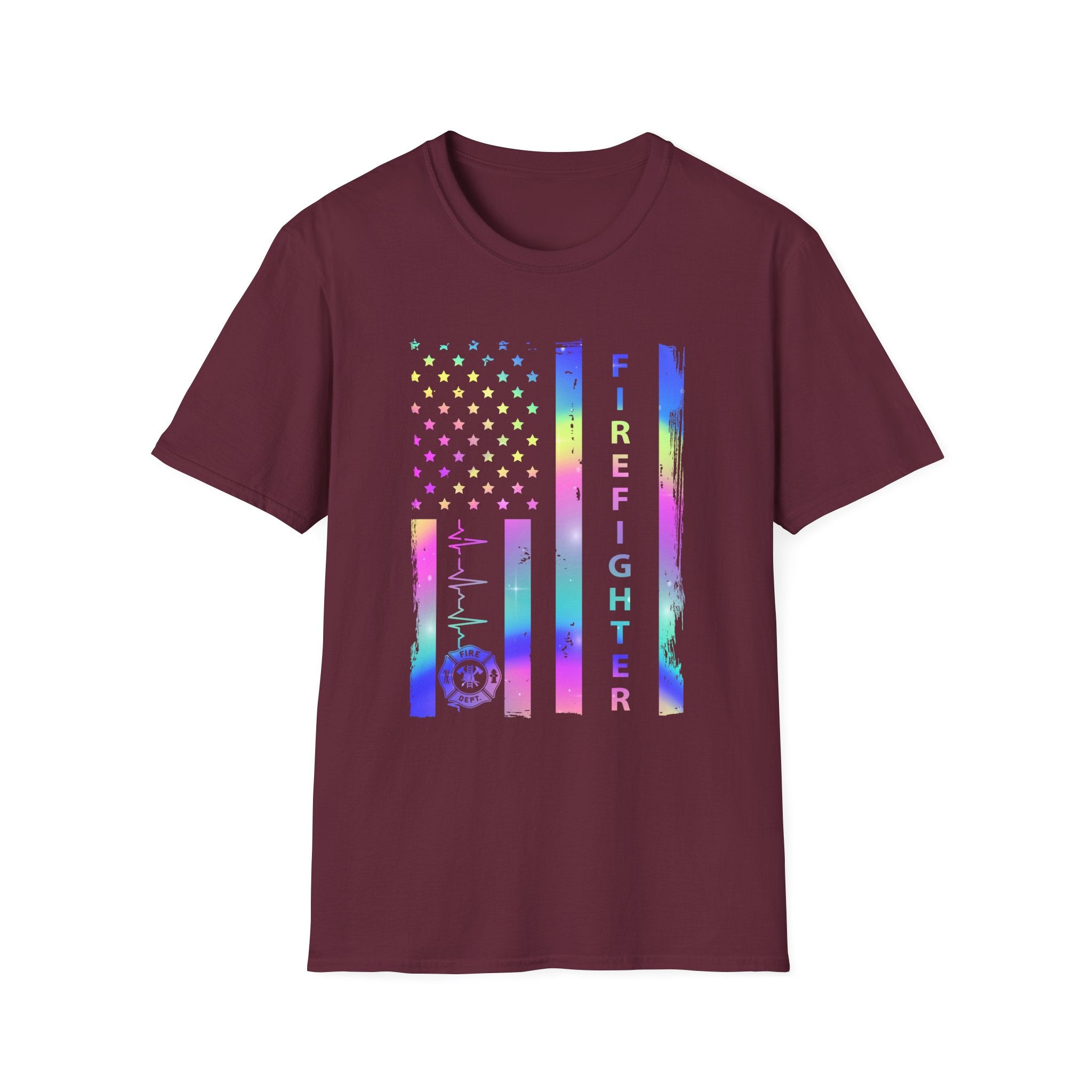 Pride Firefighter Unisex Softstyle T-Shirt - Colorful American Flag Design,,,..