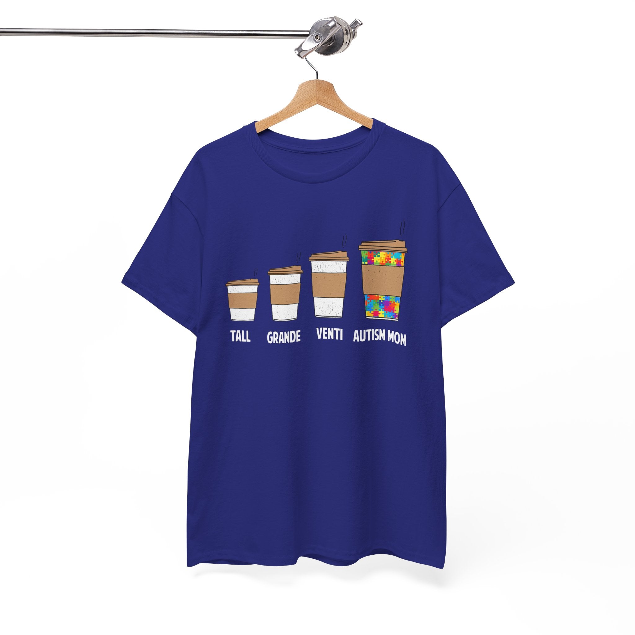 Autism Mom Coffee Sizes T-Shirt — Tall, Grande, Venti, Autism Mom Graphic Tee