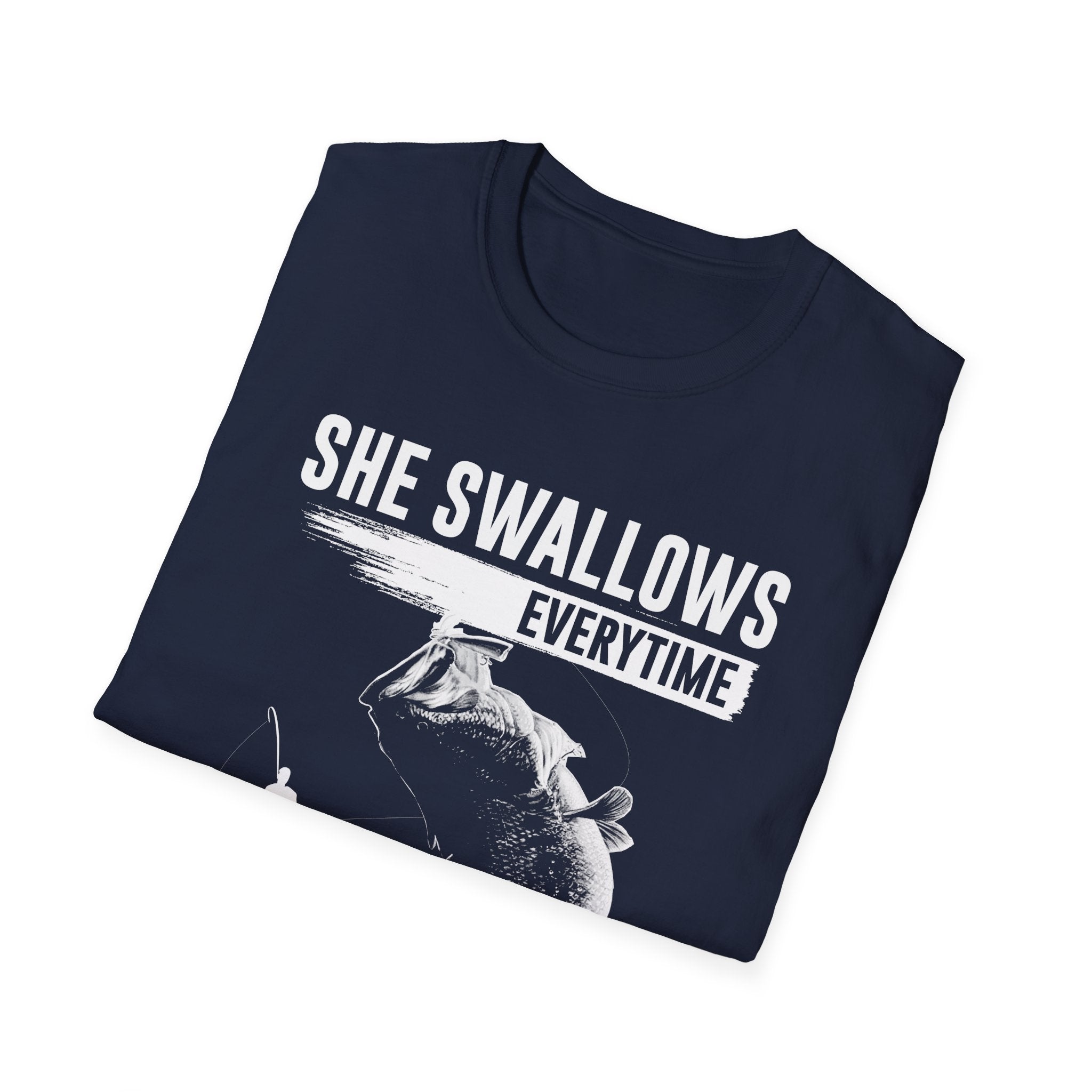 Funny Fishing T-Shirt - "She Swallows Every Time" Unisex Softstyle Tee