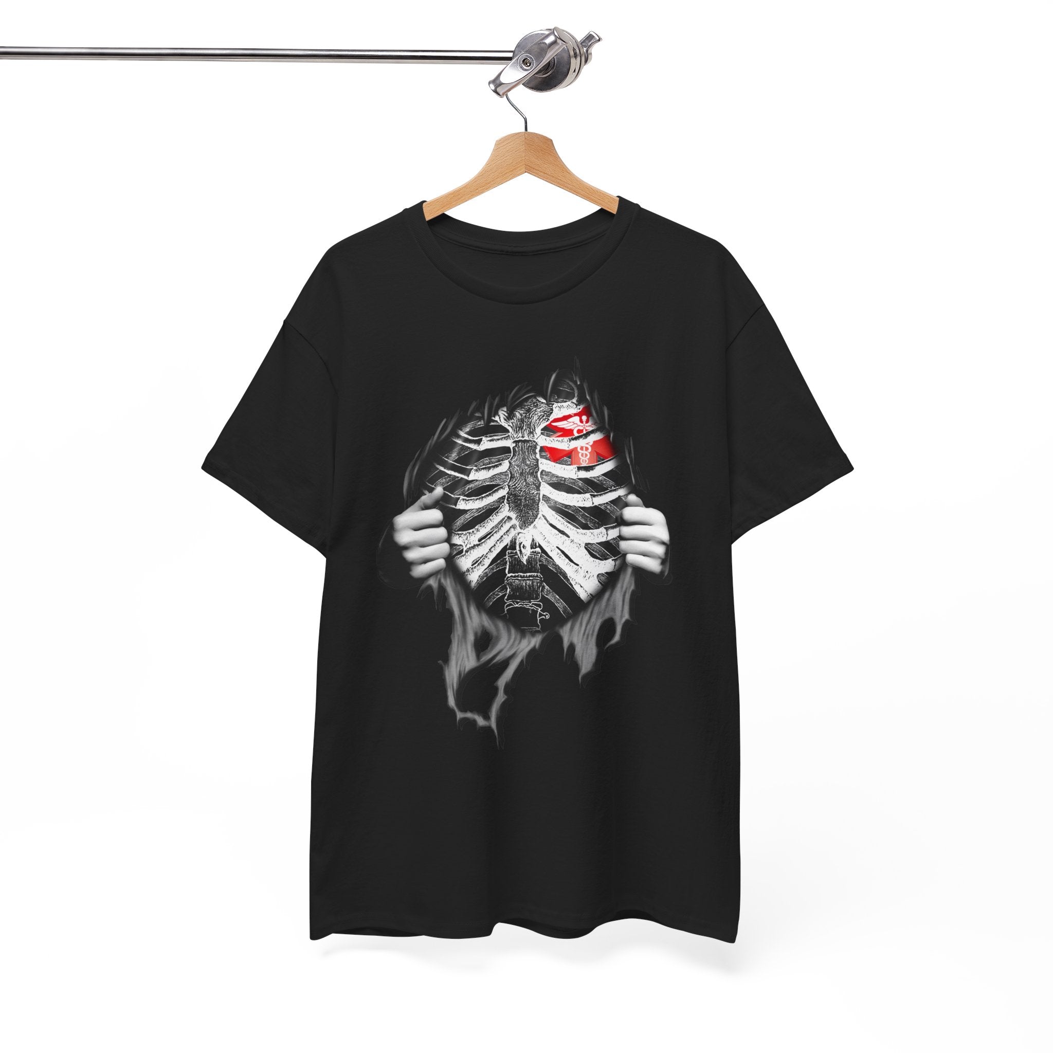 T-Shirt — Ripped Chest Skeleton Reveal with American Flag Heart