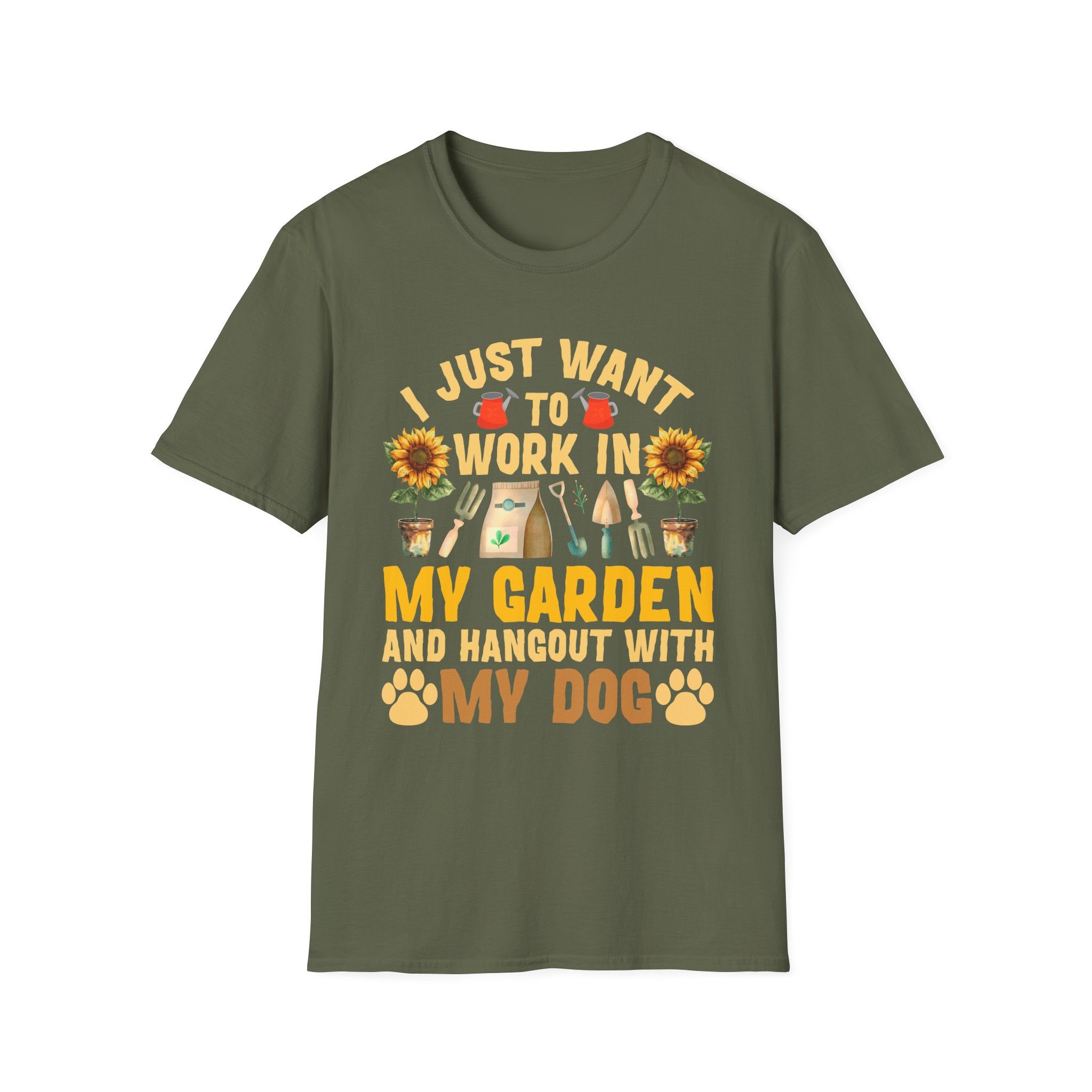 Gardening & Dog Lover Unisex T-Shirt - 'I Just Want to Work in My Garden and Hangout with My Dog'