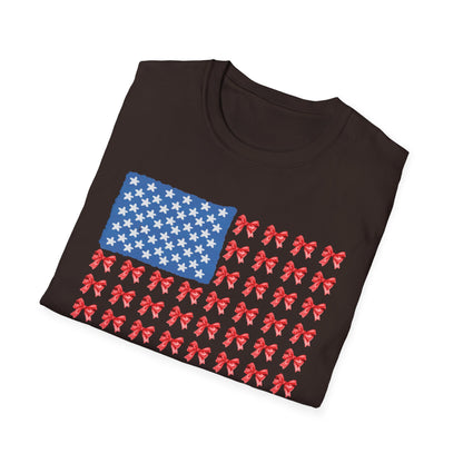 Patriotic Bow T-Shirt, Unisex Softstyle Tee, USA Flag Top, Cute Summer Tee, Gift for Her