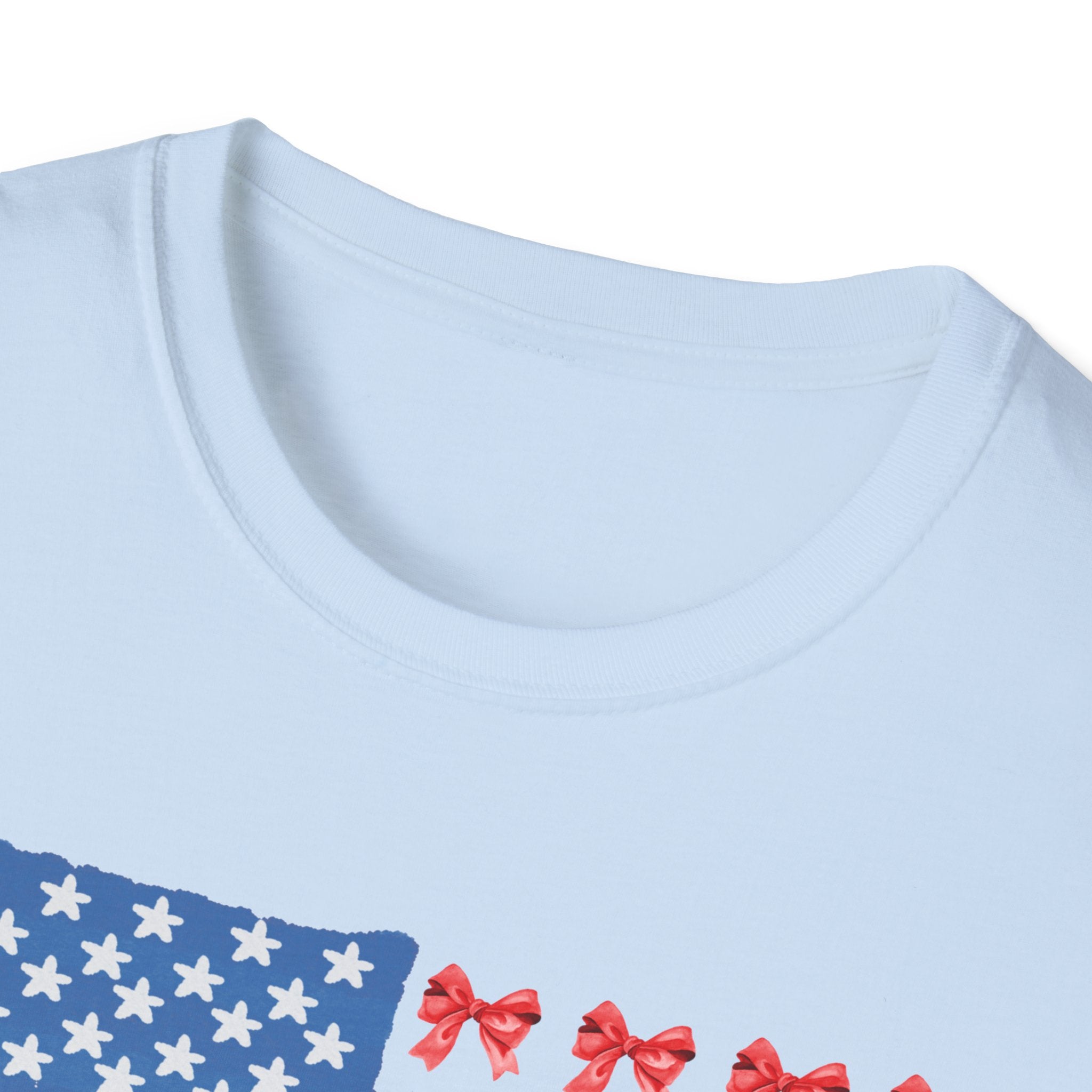 Patriotic Bow T-Shirt, Unisex Softstyle Tee, USA Flag Top, Cute Summer Tee, Gift for Her