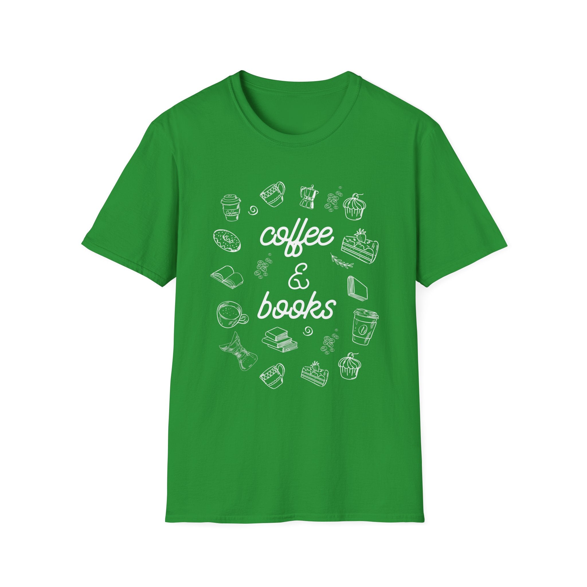 Coffee & Books Unisex Softstyle T-Shirt, Cute Coffee Lover Tee, Bookworm Gift Shirt, Cozy Reading Shirt, Literary Gift, Fun Graphic Tee