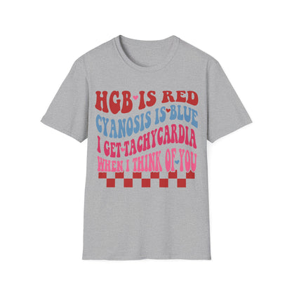 Funny Medical Humor Unisex T-Shirt - "Hgb is Red, Cyanosis is Blue"