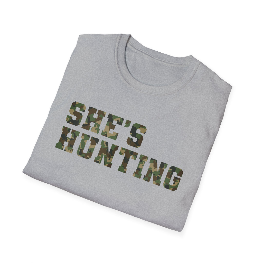 Camo Print Unisex T-Shirt - "She's Hunting" - Casual Style for Outdoor Lovers