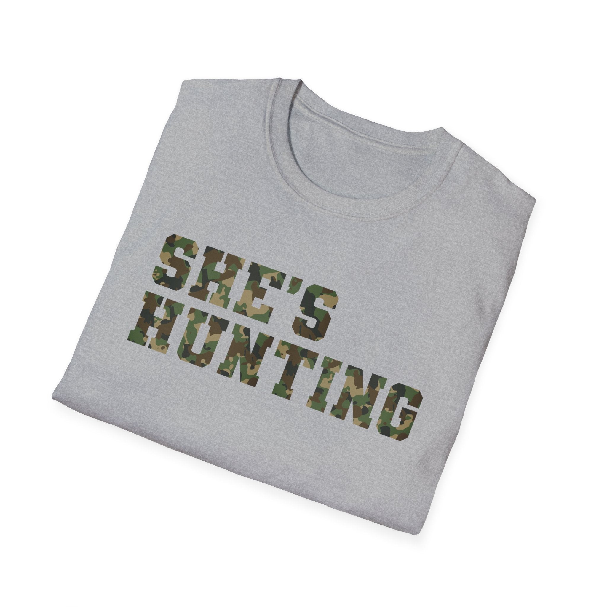 Camo Print Unisex T-Shirt - "She's Hunting" - Casual Style for Outdoor Lovers