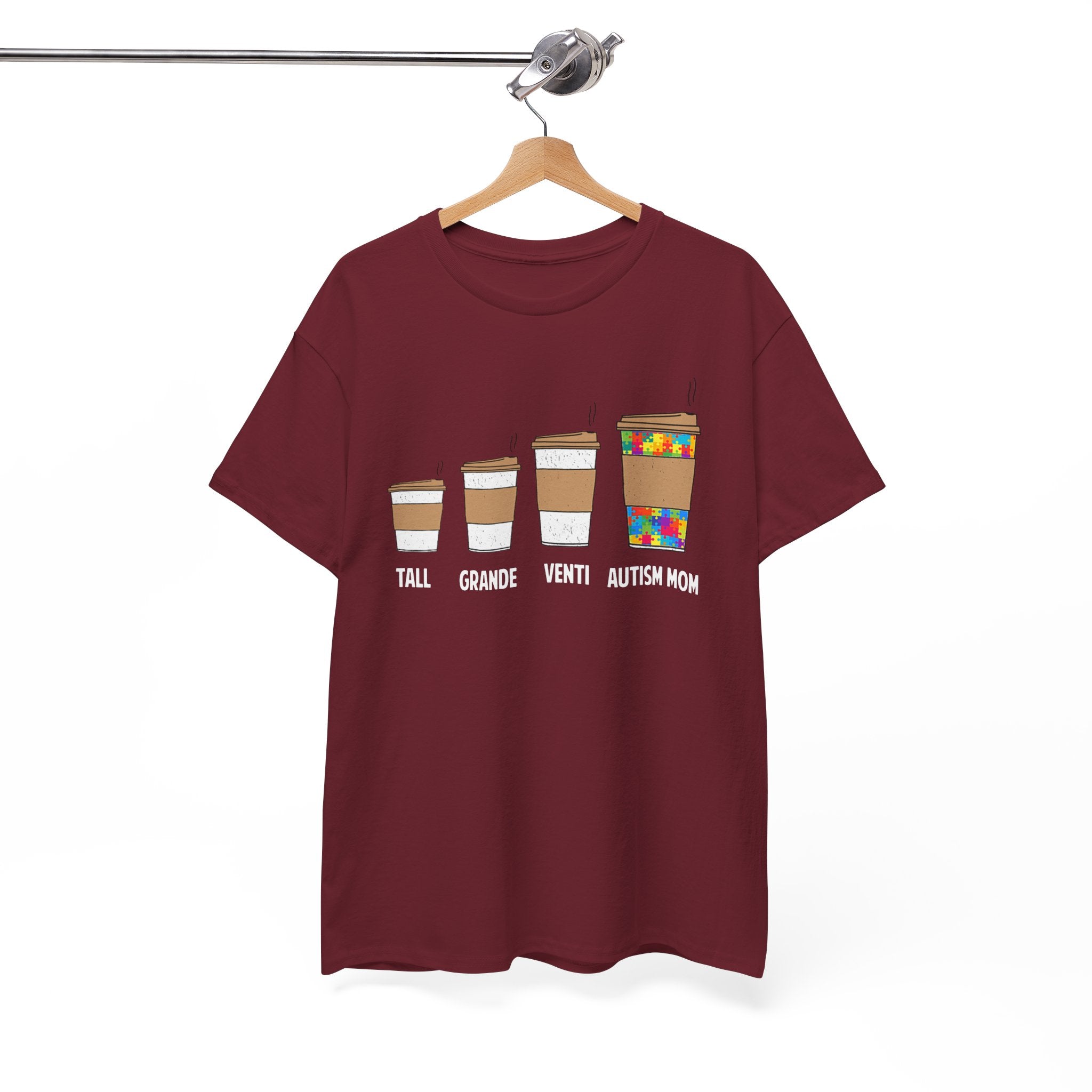 Autism Mom Coffee Sizes T-Shirt — Tall, Grande, Venti, Autism Mom Graphic Tee