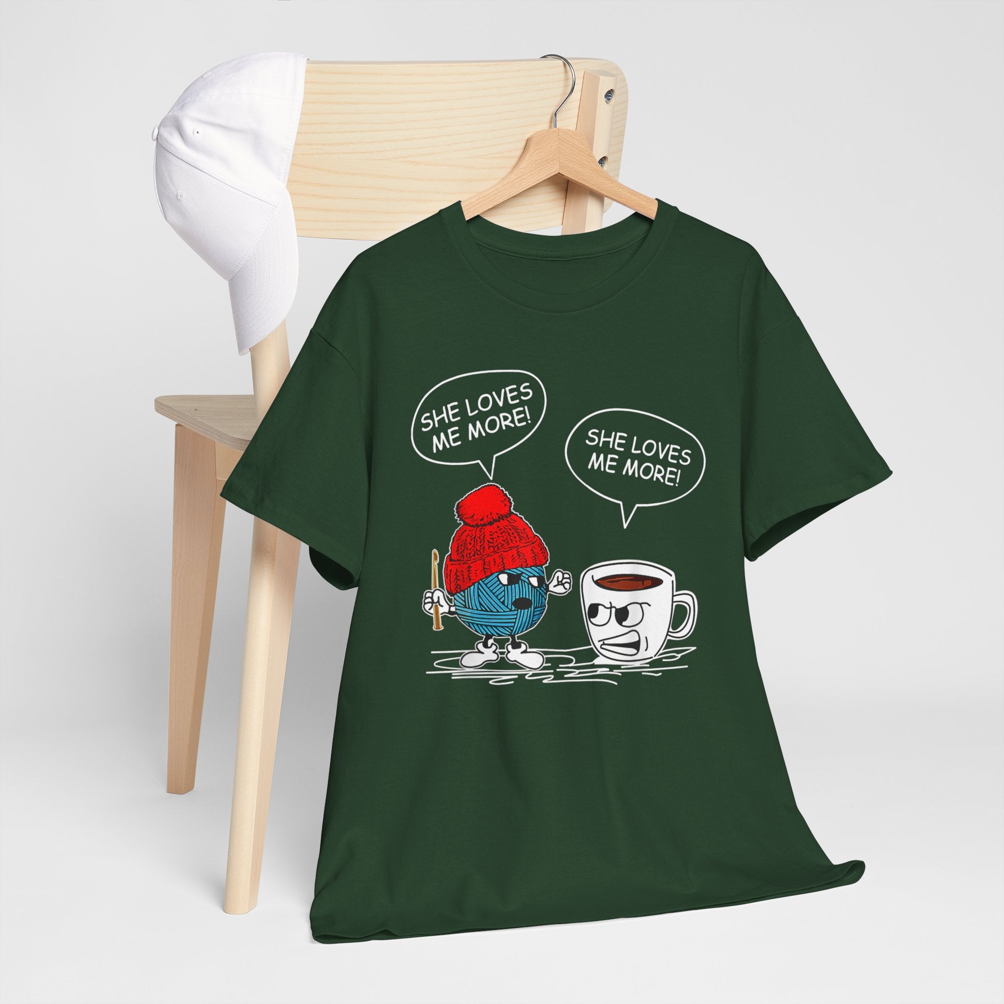 T-Shirt — Funny Coffee & Sweater Debate Tee (“She Loves Me More!”)